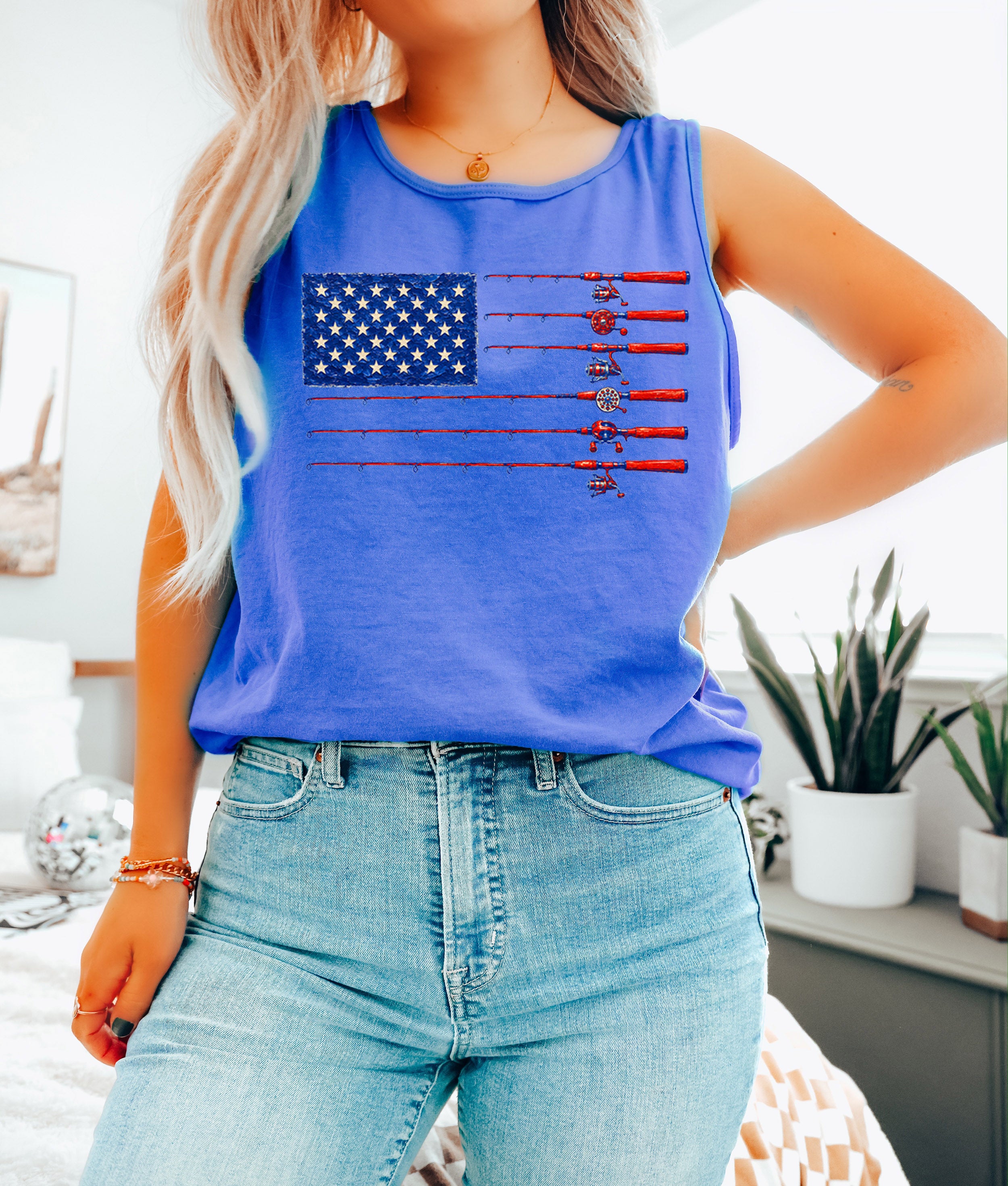Comfort Colors Patriotic American flag Fishing USATank Top Women Unisex Gift for Dad 4th of July