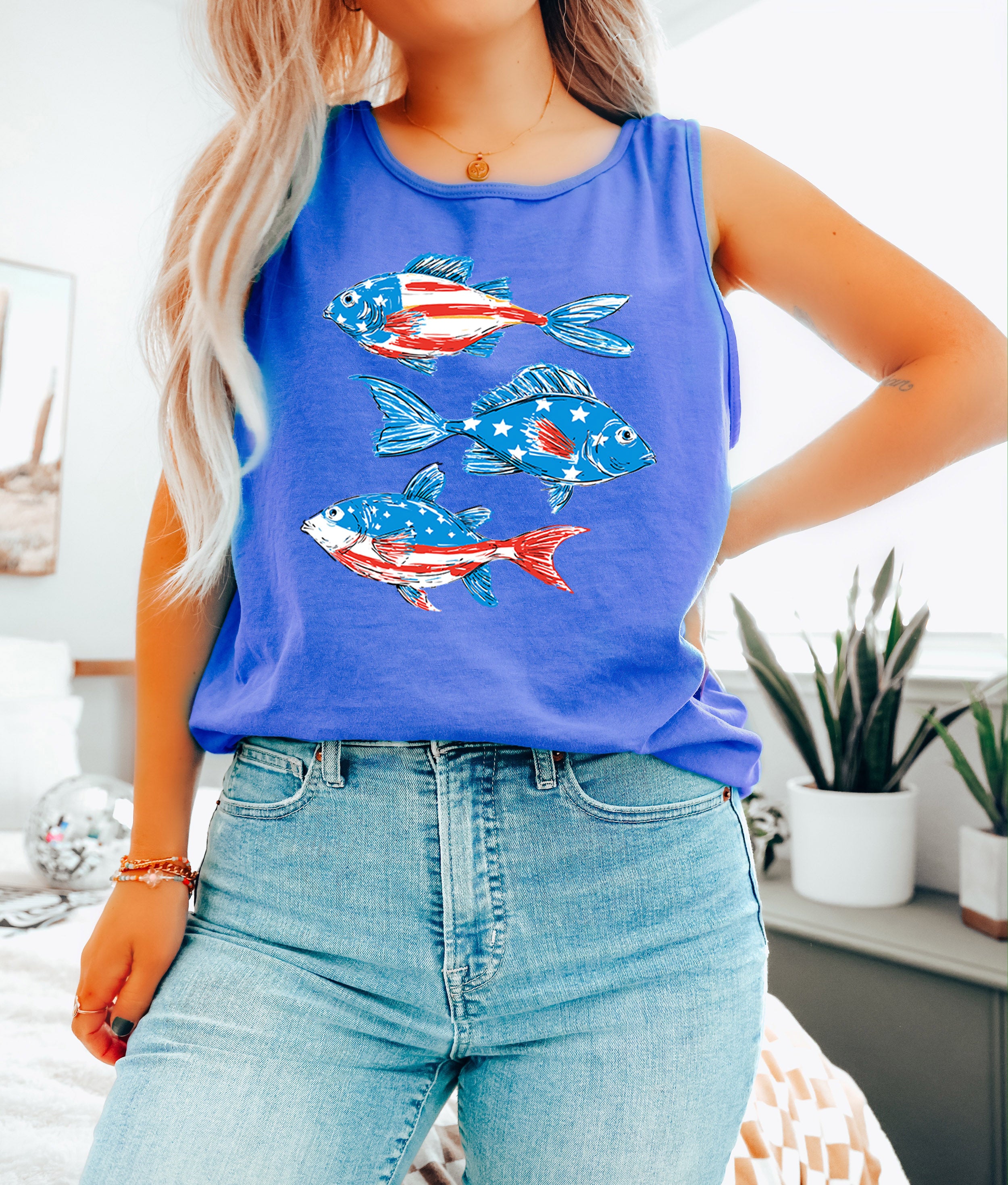 American USA Fish Salmon Lake Camping Comfort Colors Tank Top – Vacation Nature 4th of July Memorial day Veterans day