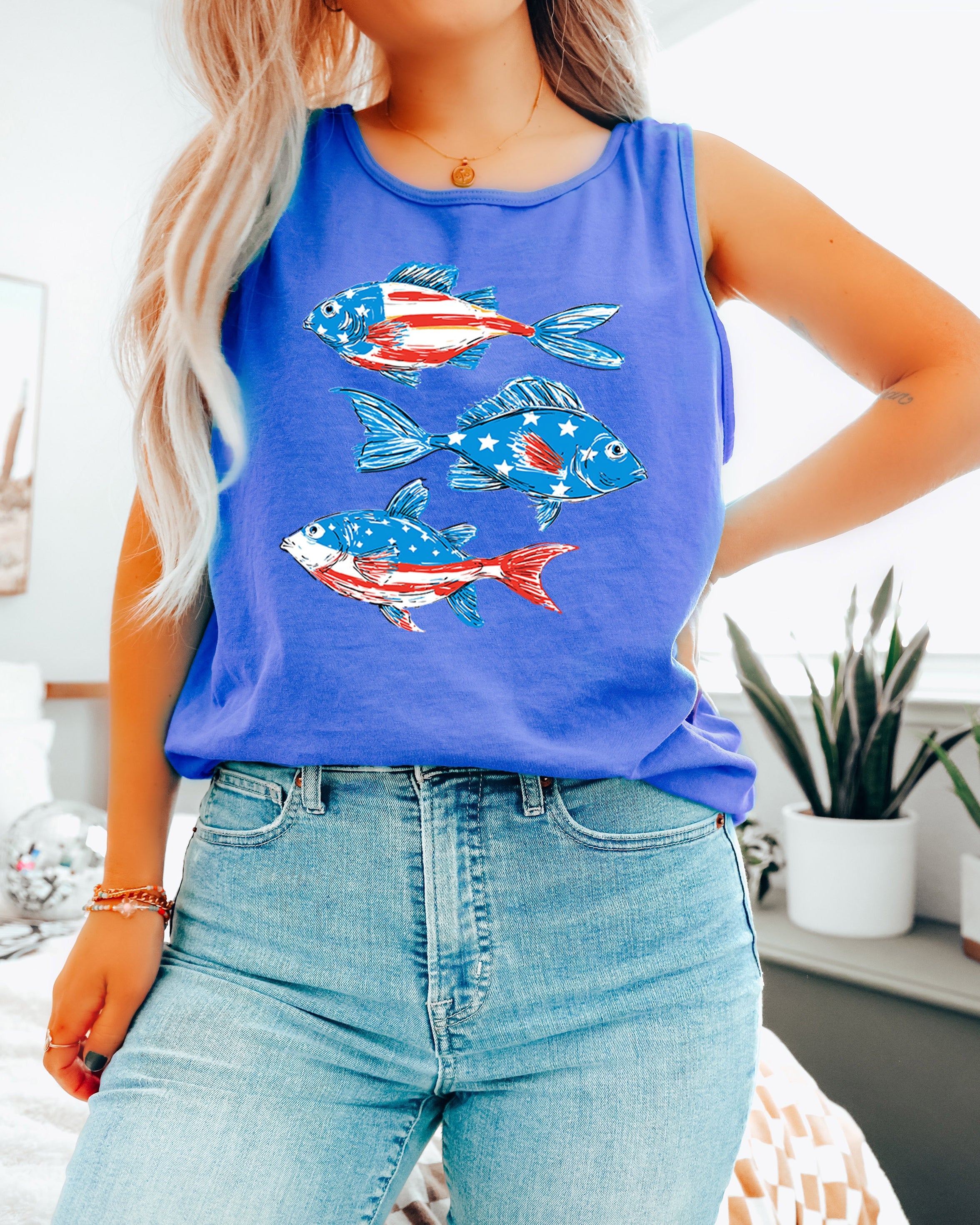 American USA Fish Salmon Lake Camping Comfort Colors Tank Top – Vacation Nature 4th of July Memorial day Veterans day