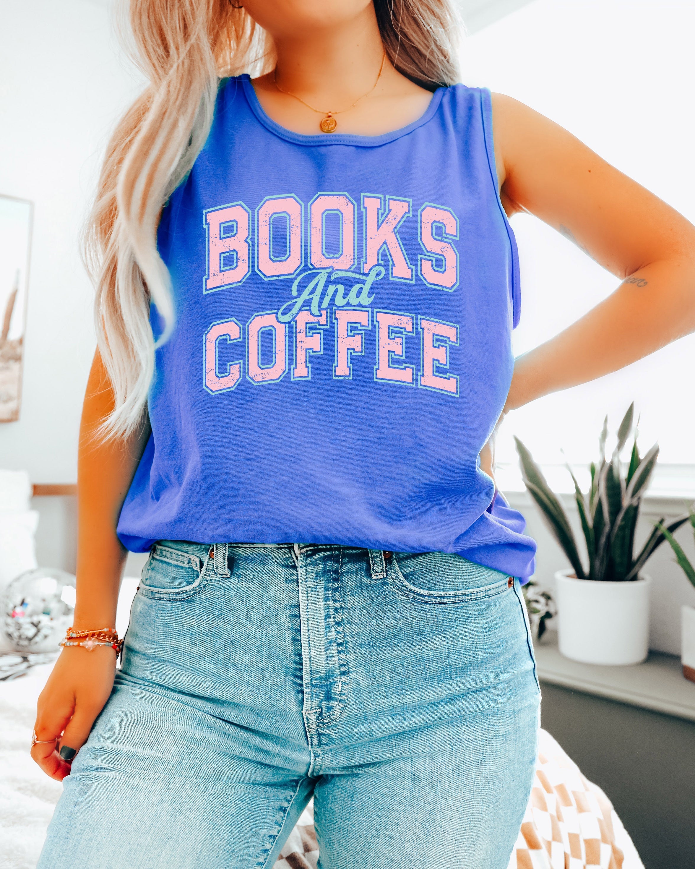 Books and Coffee Comfort Colors Tank Top