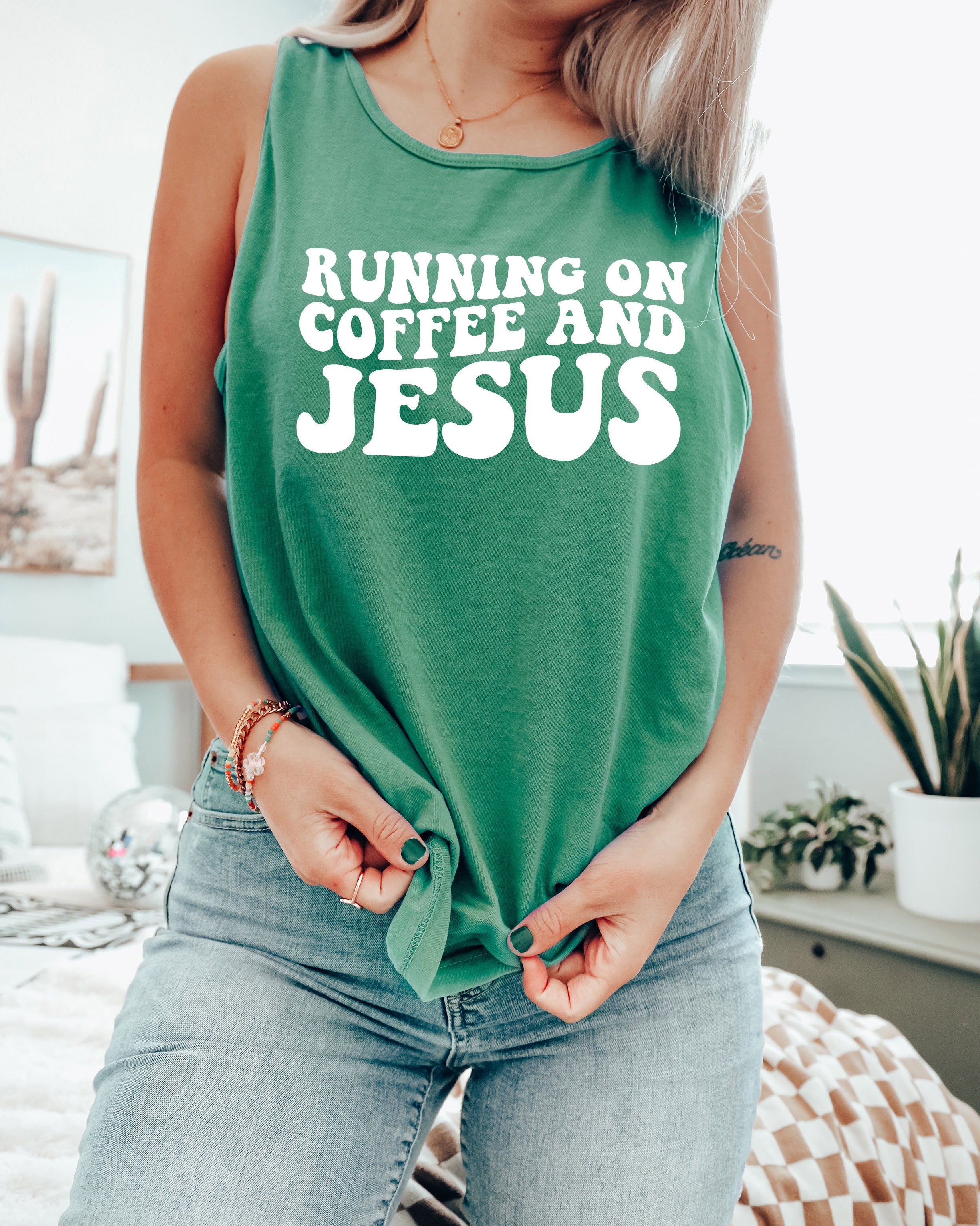 Running on Coffee and Jesus Comfort Colors Tank Top (Groovy)