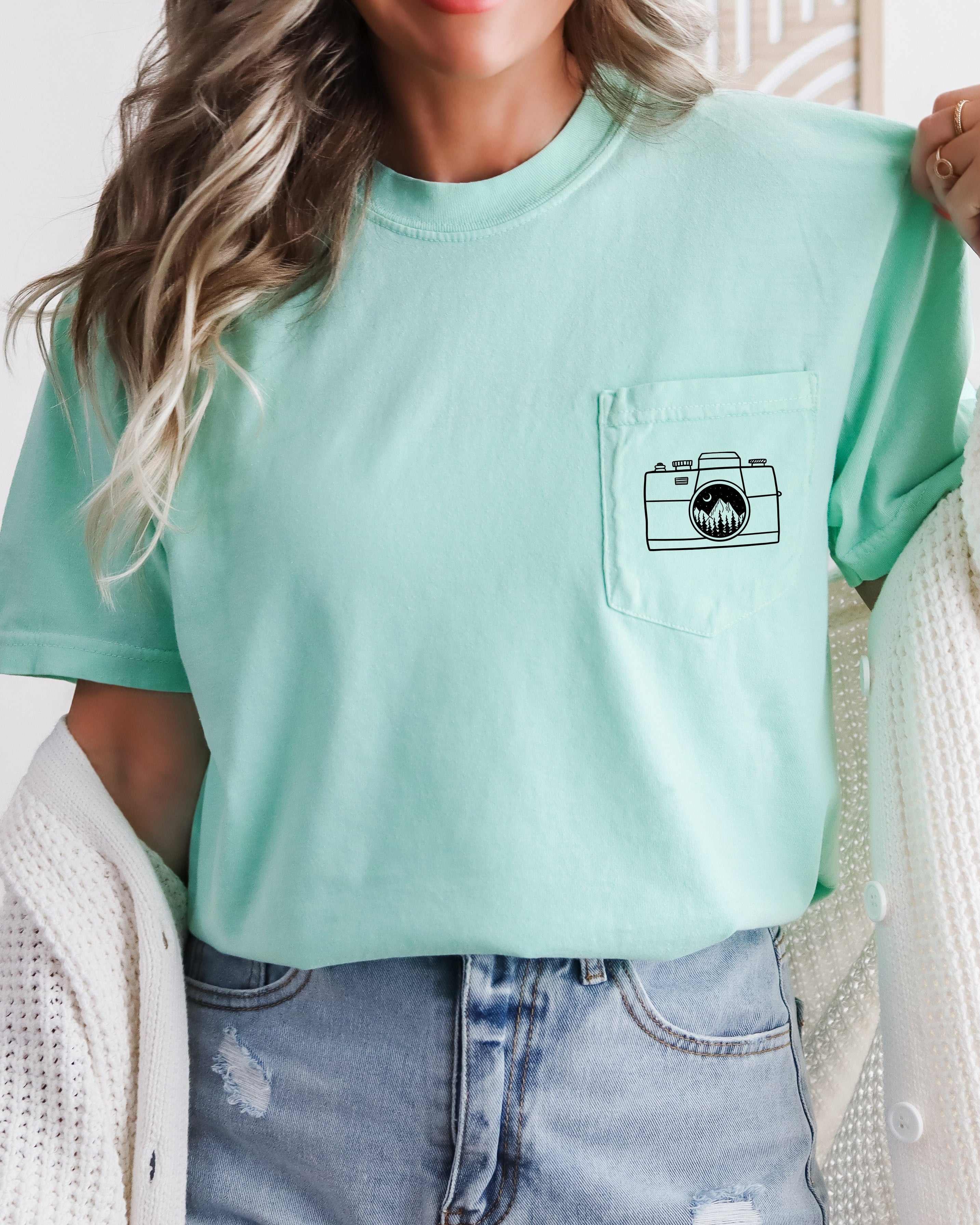 Camera and Mountain Comfort Colors Pocket T Shirt | Nature, Hiking, Plant