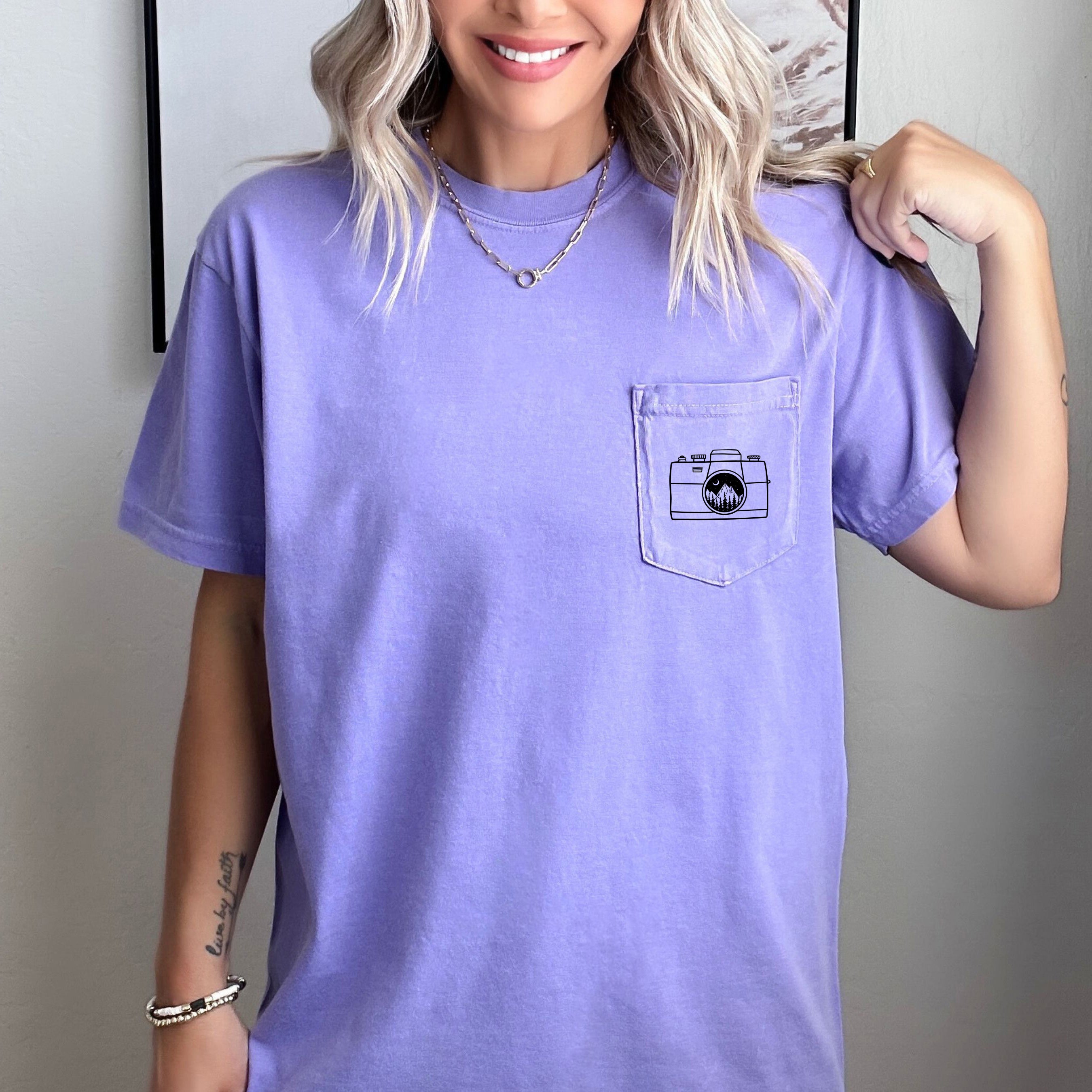 Camera and Mountain Comfort Colors Pocket T Shirt | Nature, Hiking, Plant