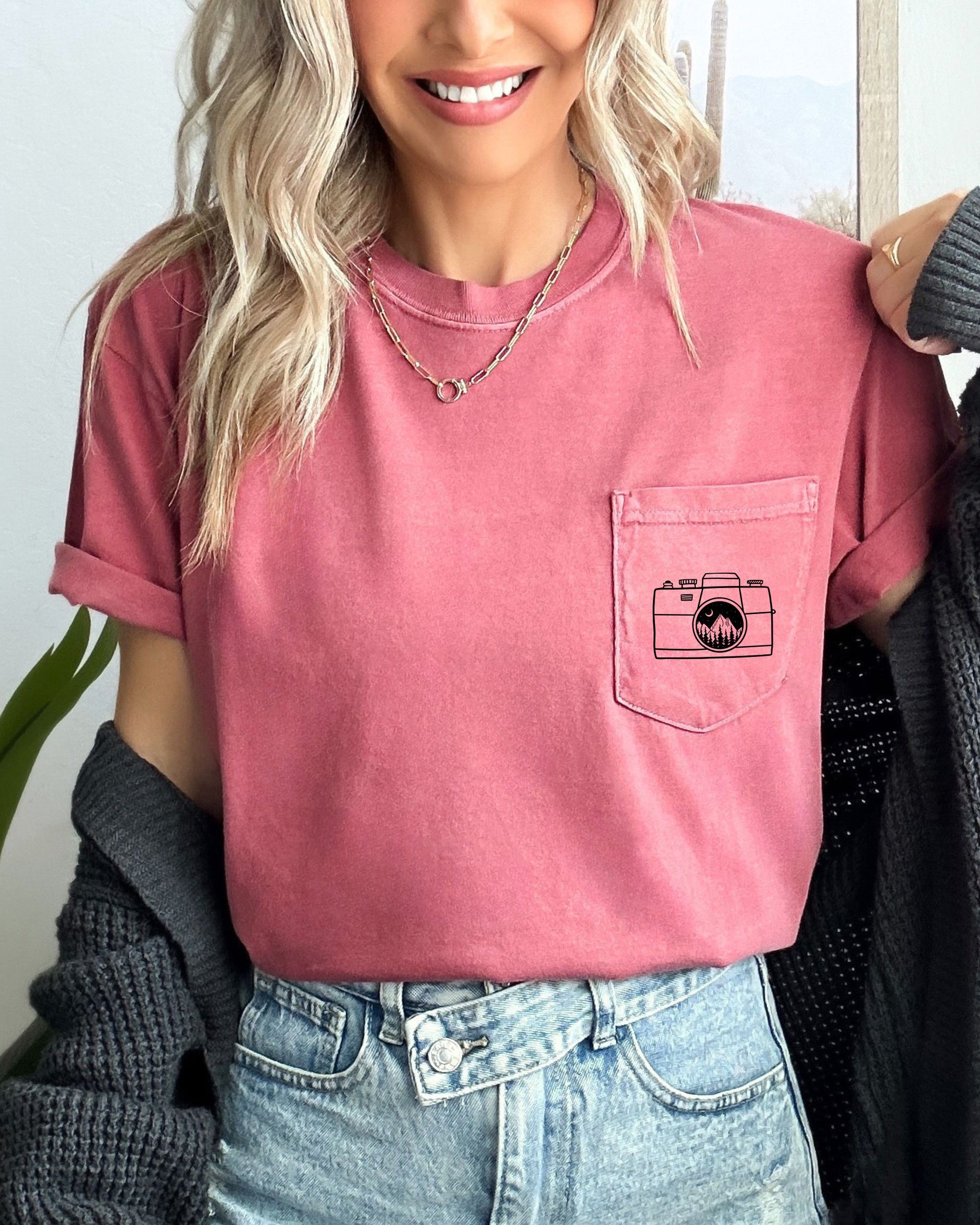 Camera and Mountain Comfort Colors Pocket T Shirt | Nature, Hiking, Plant
