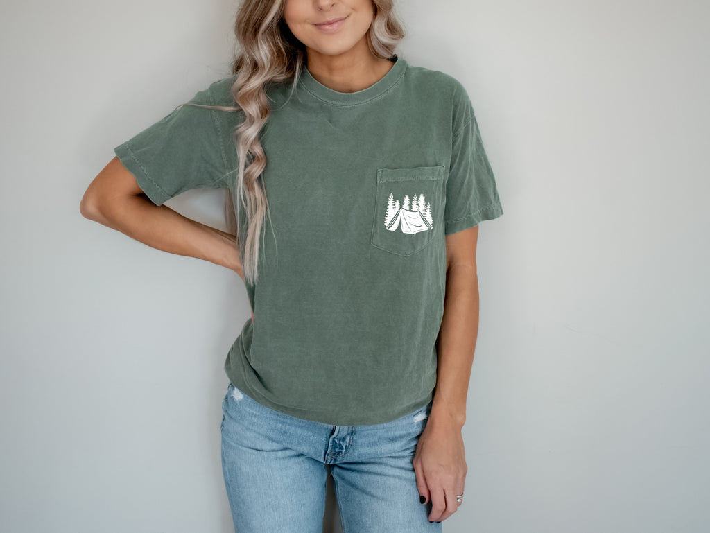 Camping Comfort Colors Pocket T Shirt (Mountain and Tent)