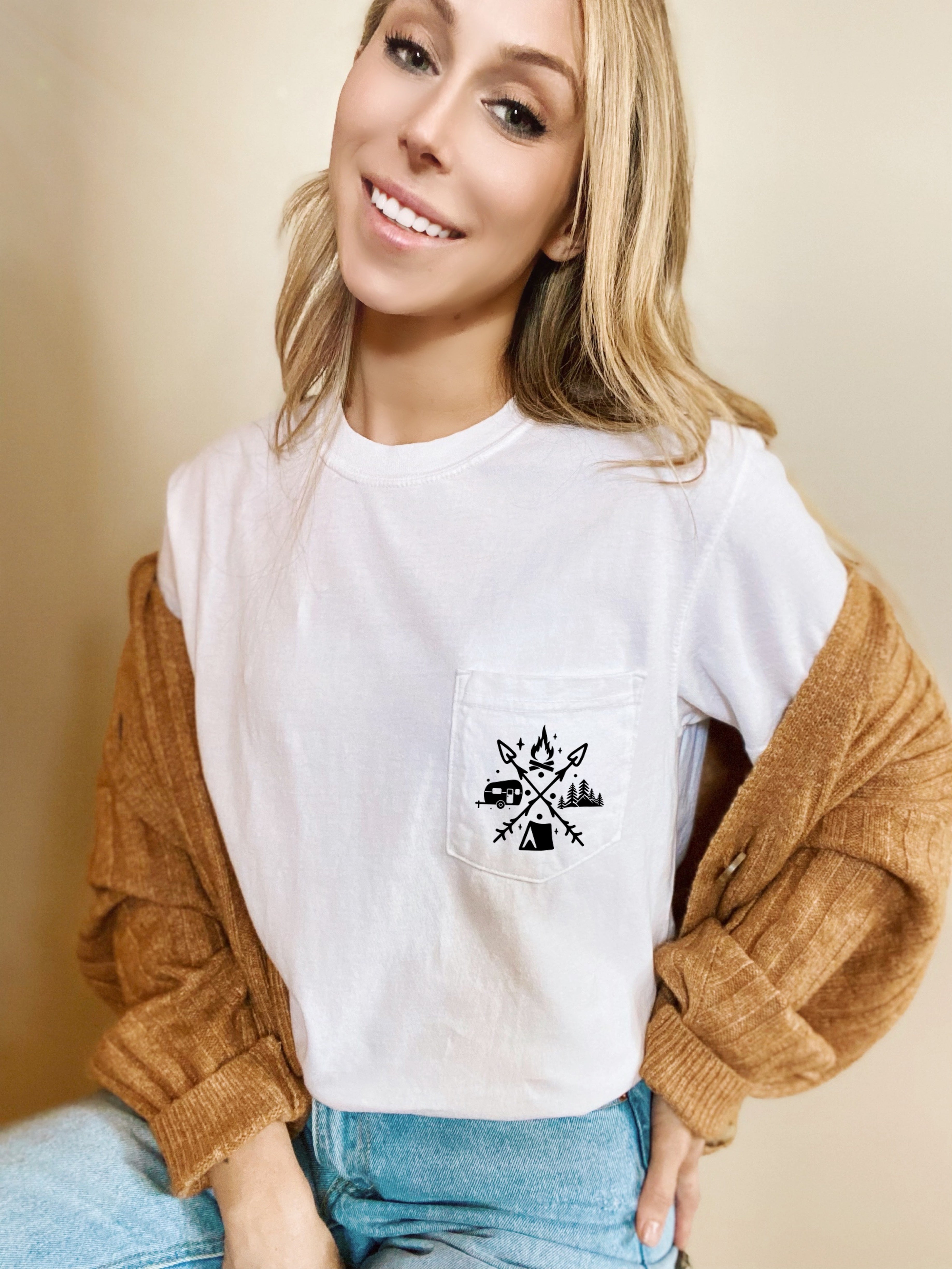 Camping and Hiking Mountain Comfort Colors Pocket T Shirt | Nature, Vacation, Summer, (X shape)