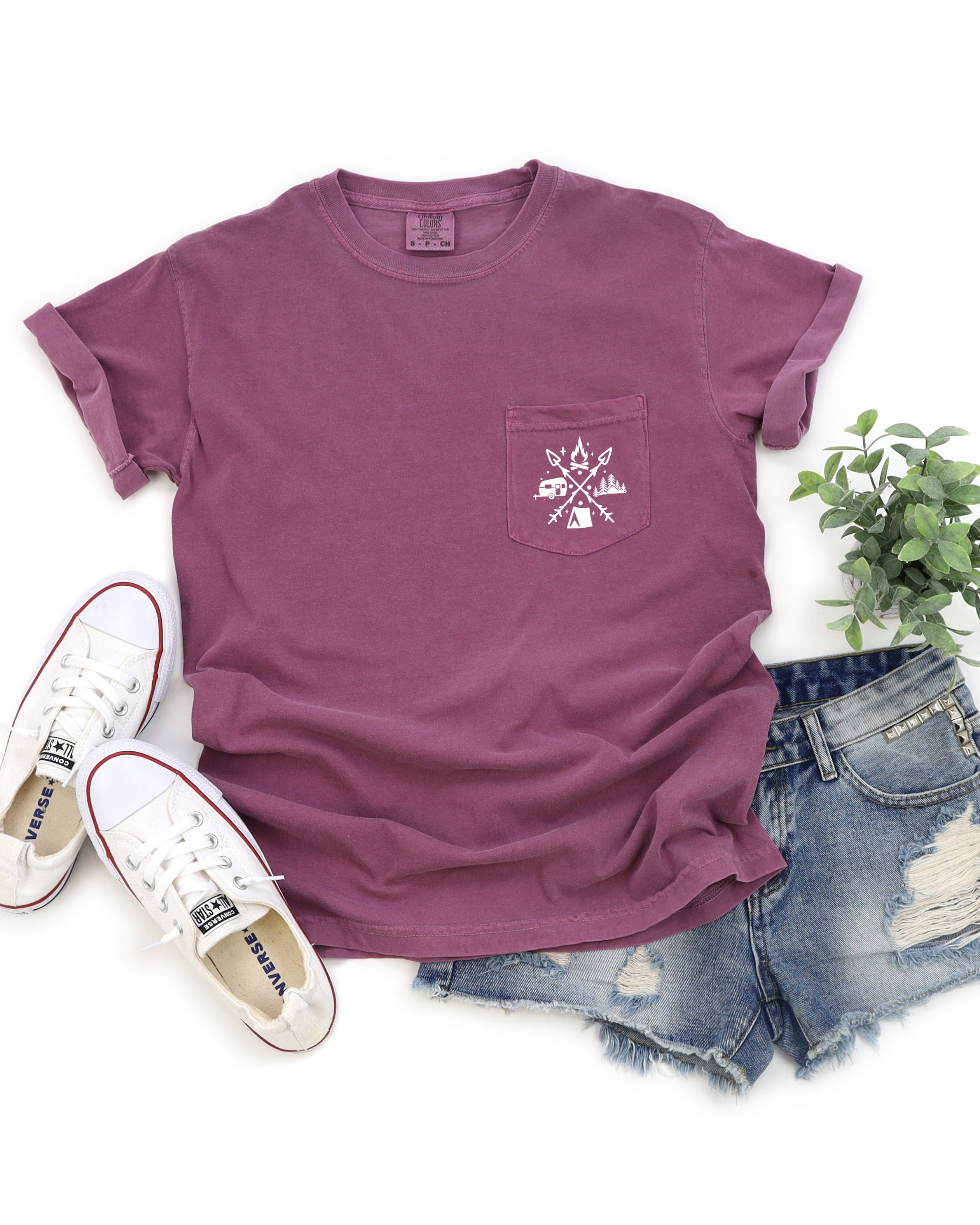Camping and Hiking Mountain Comfort Colors Pocket T Shirt | Nature, Vacation, Summer, (X shape)