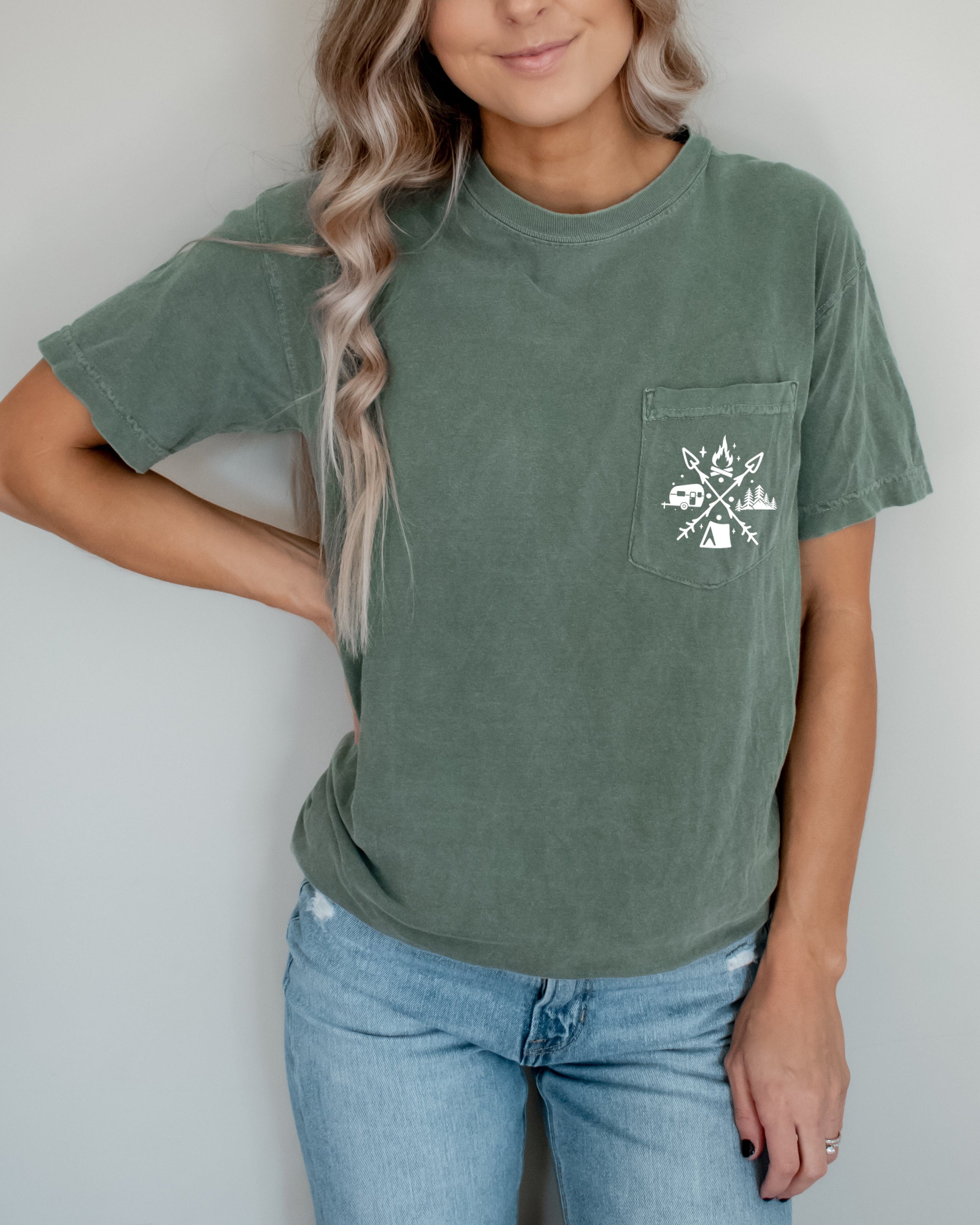 Camping and Hiking Mountain Comfort Colors Pocket T Shirt | Nature, Vacation, Summer, (X shape)