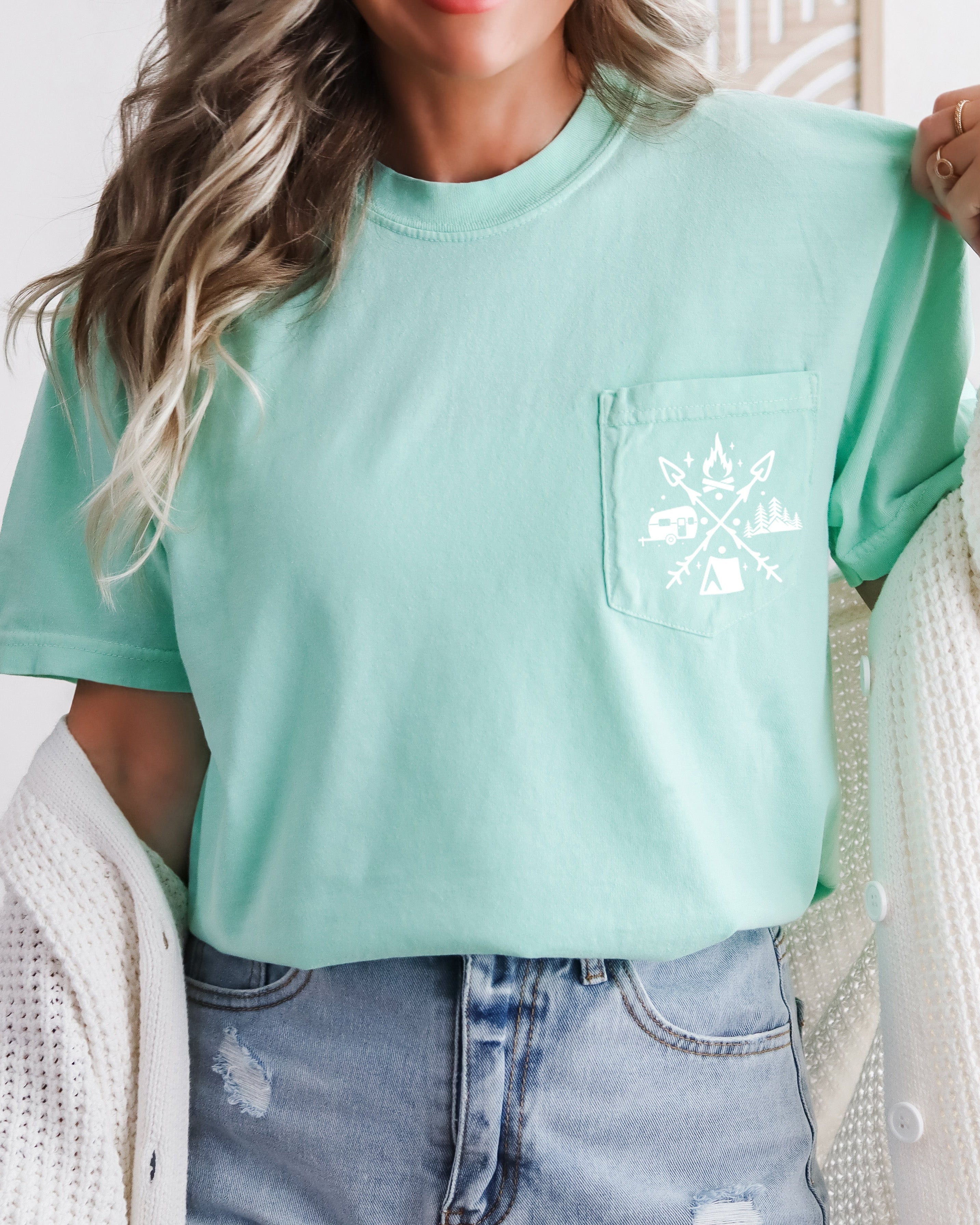 Camping and Hiking Mountain Comfort Colors Pocket T Shirt | Nature, Vacation, Summer, (X shape)