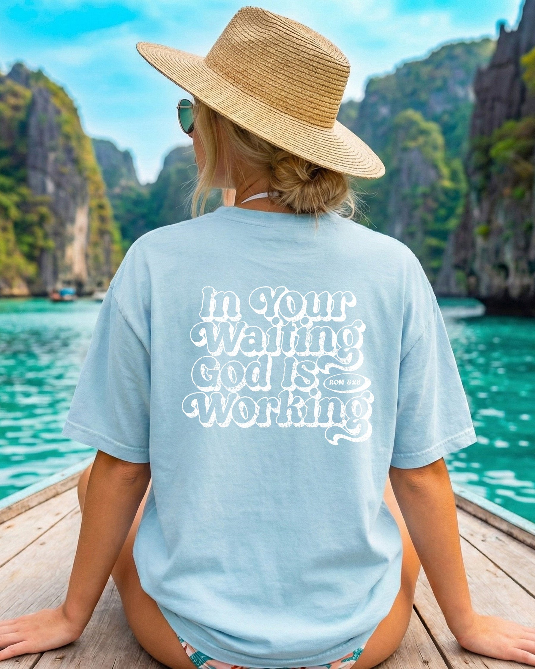 In the waiting God is working Comfort Colors T Shirt Religious Jesus Bible (Outlined Groovy)