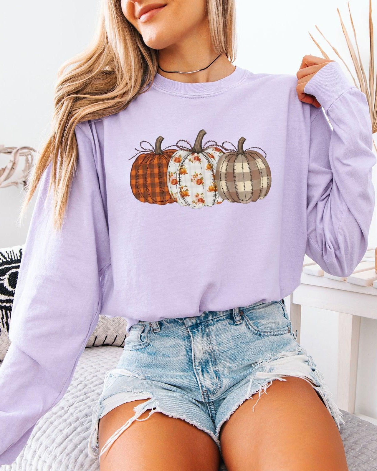 Checkered Pumpkins Thanksgiving Day Comfort Colors Long Sleeve Shirt