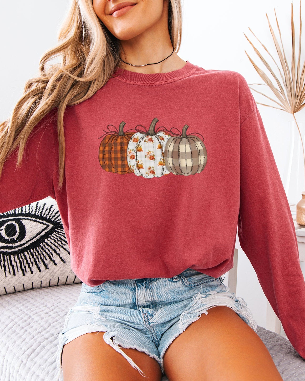 Checkered Pumpkins Thanksgiving Day Comfort Colors Long Sleeve Shirt