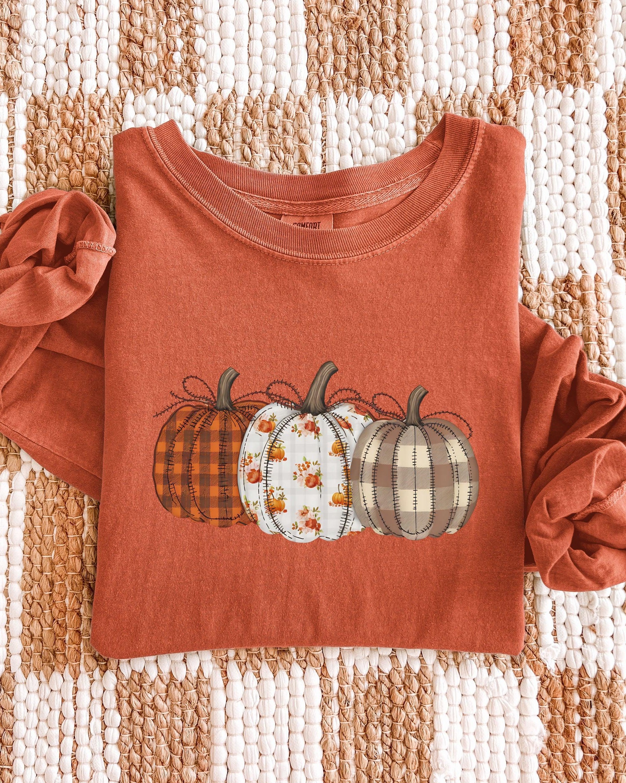 Checkered Pumpkins Thanksgiving Day Comfort Colors Long Sleeve Shirt