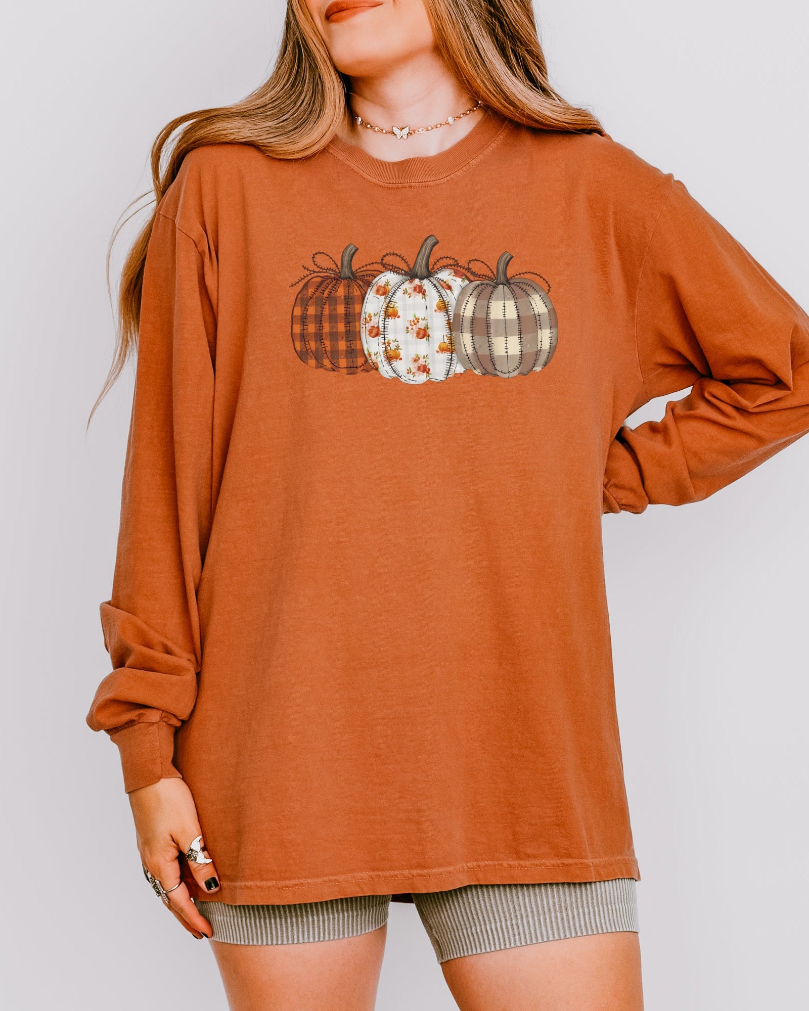 Checkered Pumpkins Thanksgiving Day Comfort Colors Long Sleeve Shirt