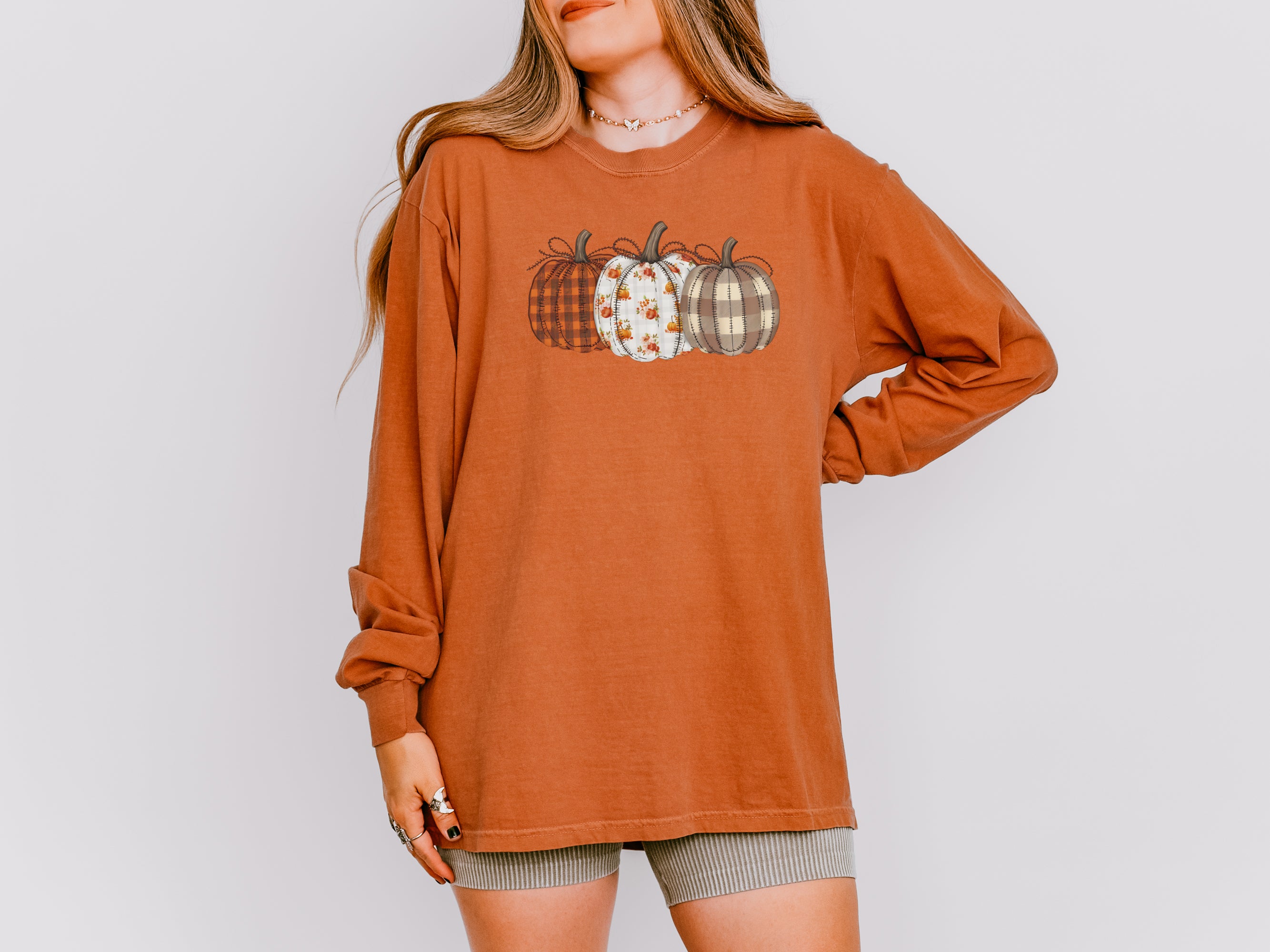 Checkered Pumpkins Thanksgiving Day Comfort Colors Long Sleeve Shirt