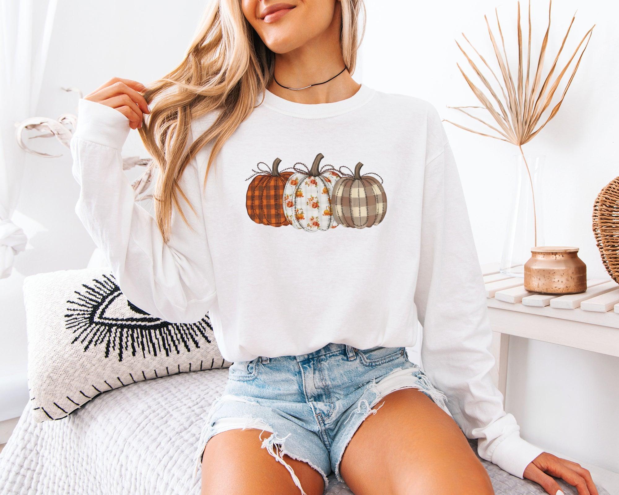 Checkered Pumpkins Thanksgiving Day Comfort Colors Long Sleeve Shirt