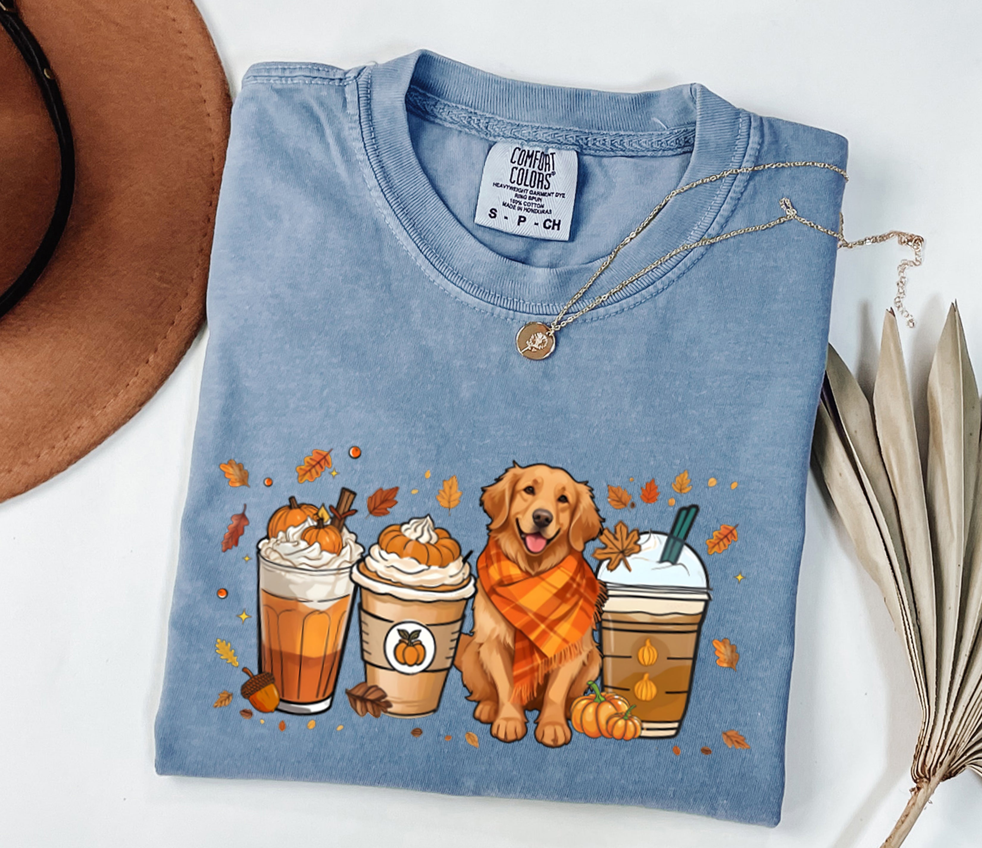 Coffee Pumpkin Spice Latte and Retriever Fall Thanksgiving day Christmas Autumn Comfort Colors Garment Dyed T Shirt