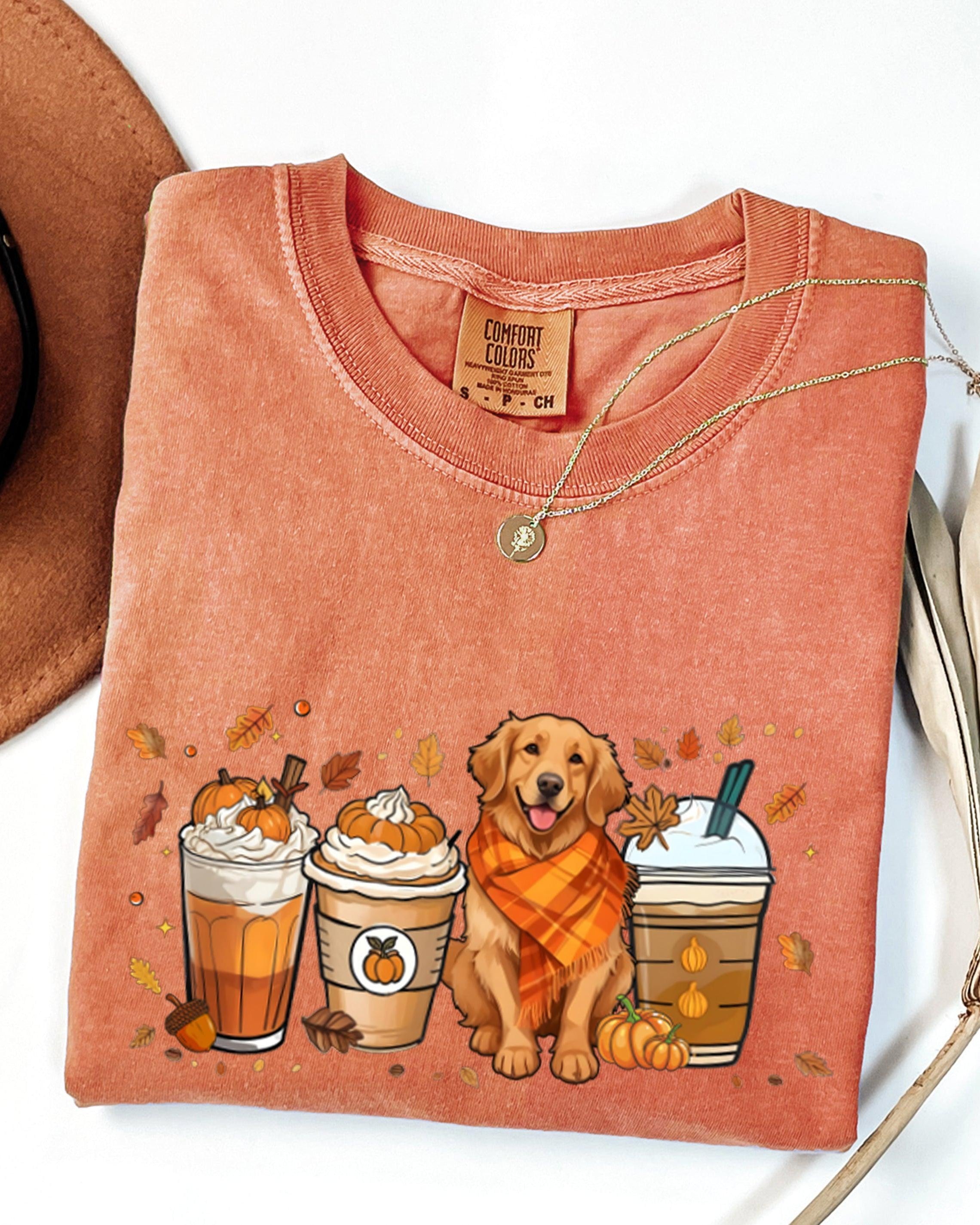 Coffee Pumpkin Spice Latte and Retriever Fall Thanksgiving day Christmas Autumn Comfort Colors Garment Dyed T Shirt