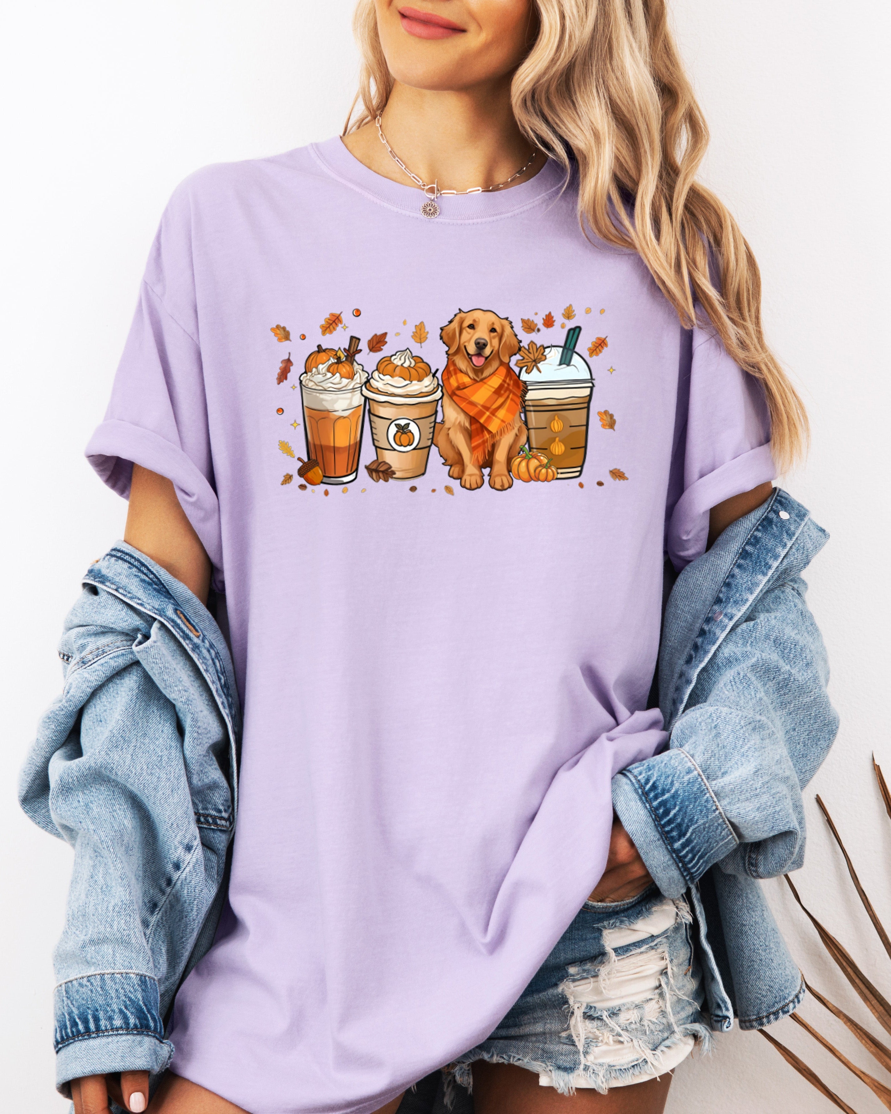 Coffee Pumpkin Spice Latte and Retriever Fall Thanksgiving day Christmas Autumn Comfort Colors Garment Dyed T Shirt