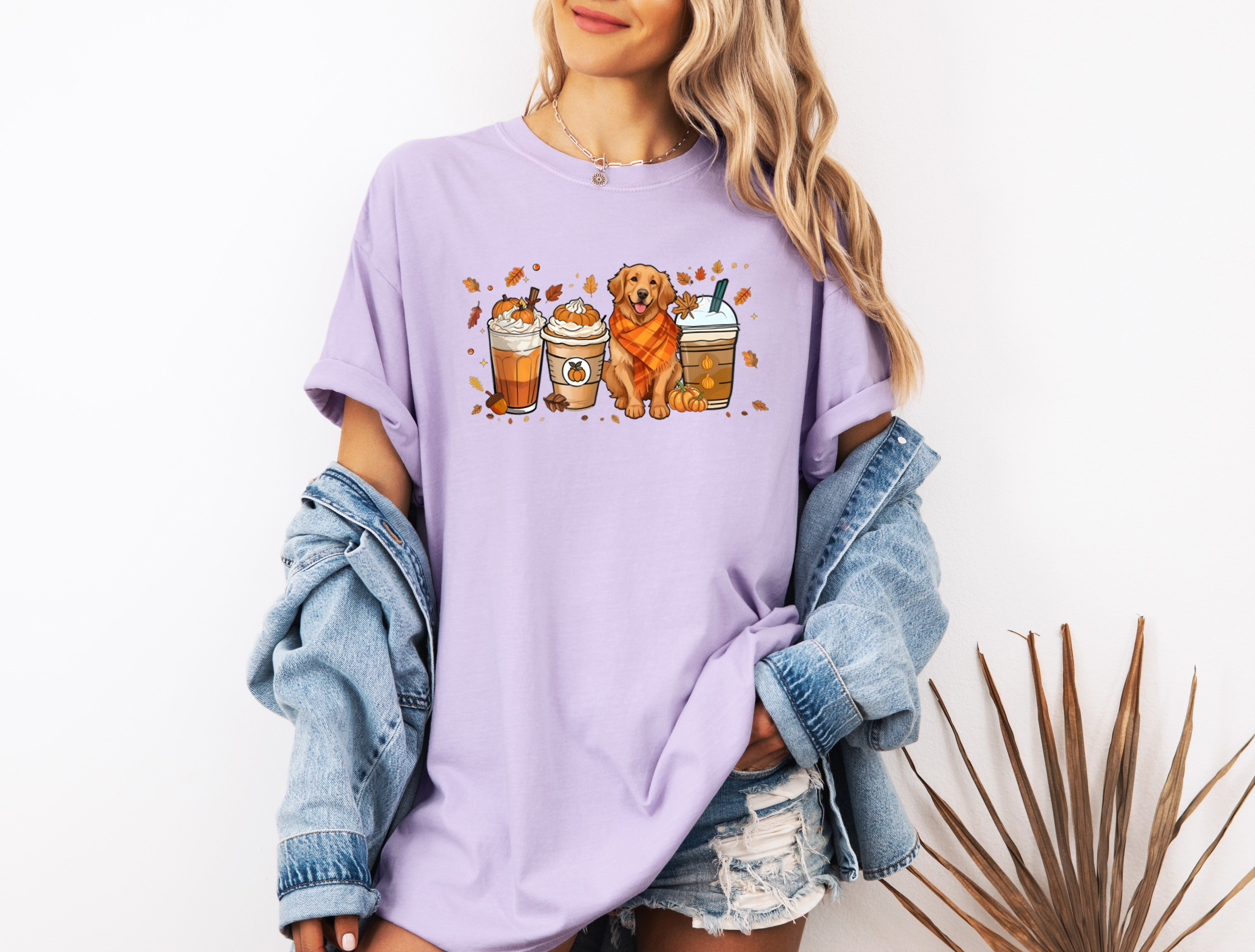 Coffee Pumpkin Spice Latte and Retriever Fall Thanksgiving day Christmas Autumn Comfort Colors Garment Dyed T Shirt