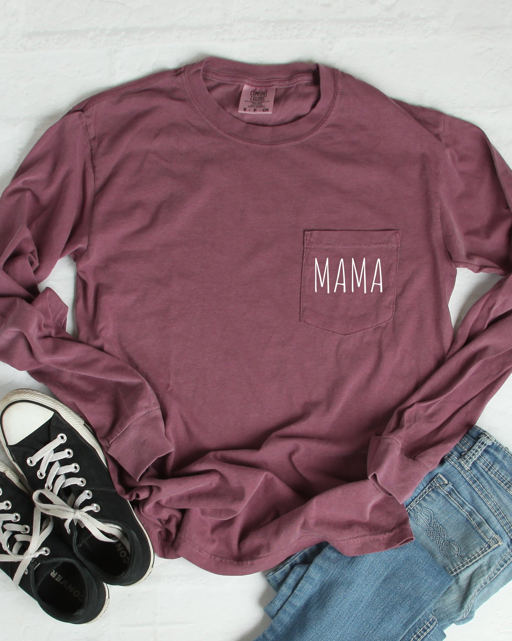 Comfort Colors Mama Pocket Long Sleeve Shirt (Cute)