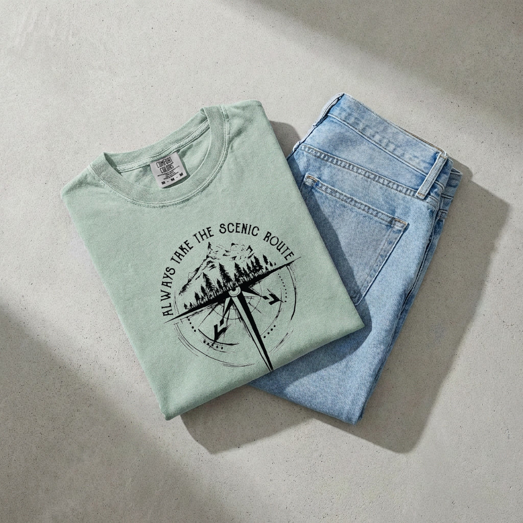 Camping Compass Mountain Summer Plant Nature Garment Dyed T Shirt