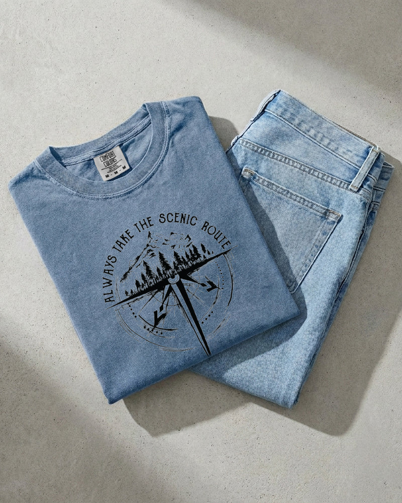 Camping Compass Mountain Summer Plant Nature Garment Dyed T Shirt
