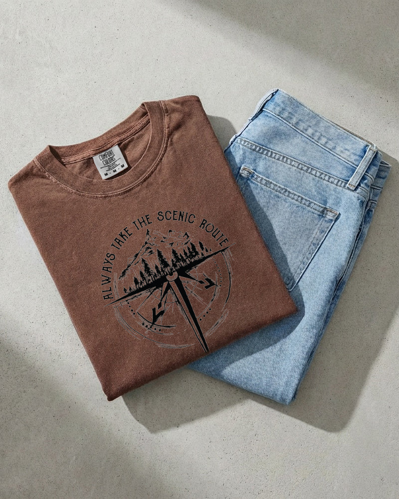 Camping Compass Mountain Summer Plant Nature Garment Dyed T Shirt