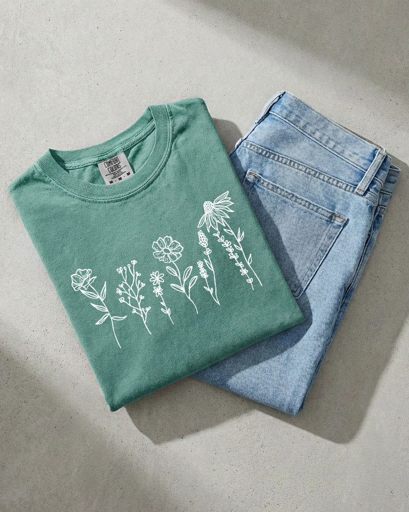 Wildflowers Botanical Plant Nature Garment Dyed T Shirt