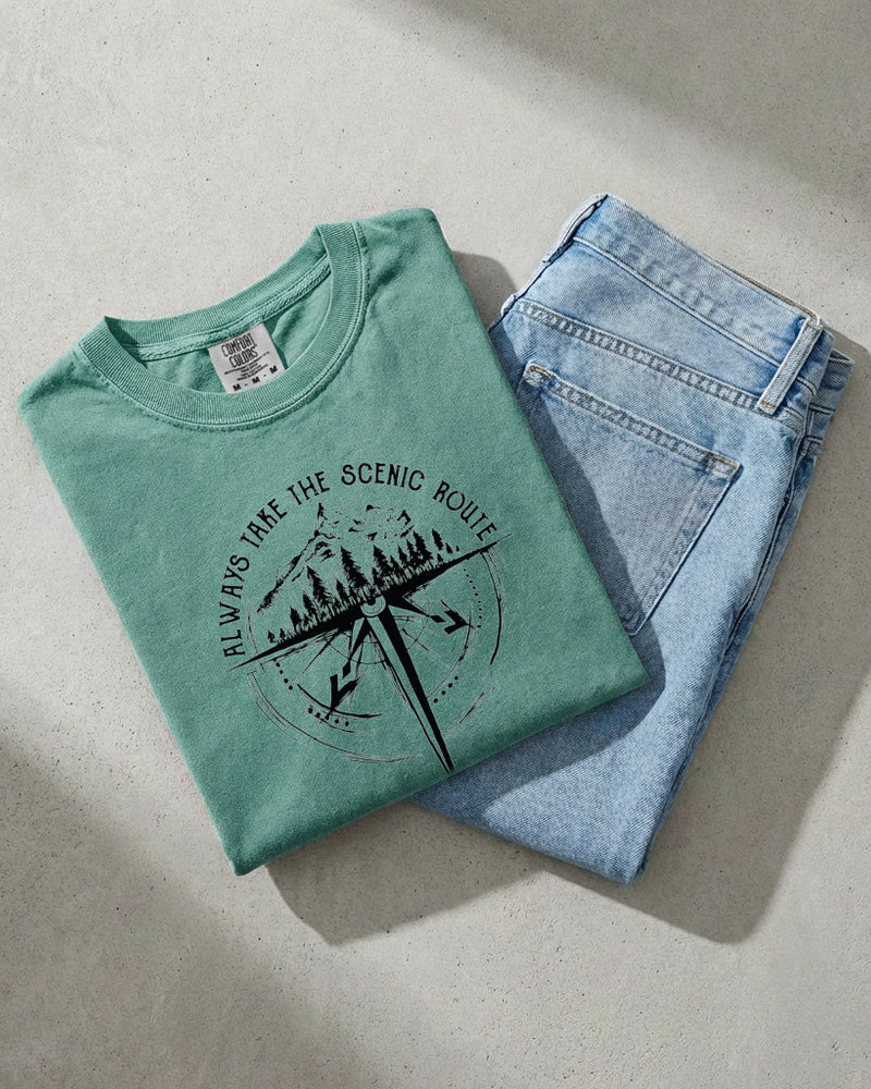 Camping Compass Mountain Summer Plant Nature Garment Dyed T Shirt