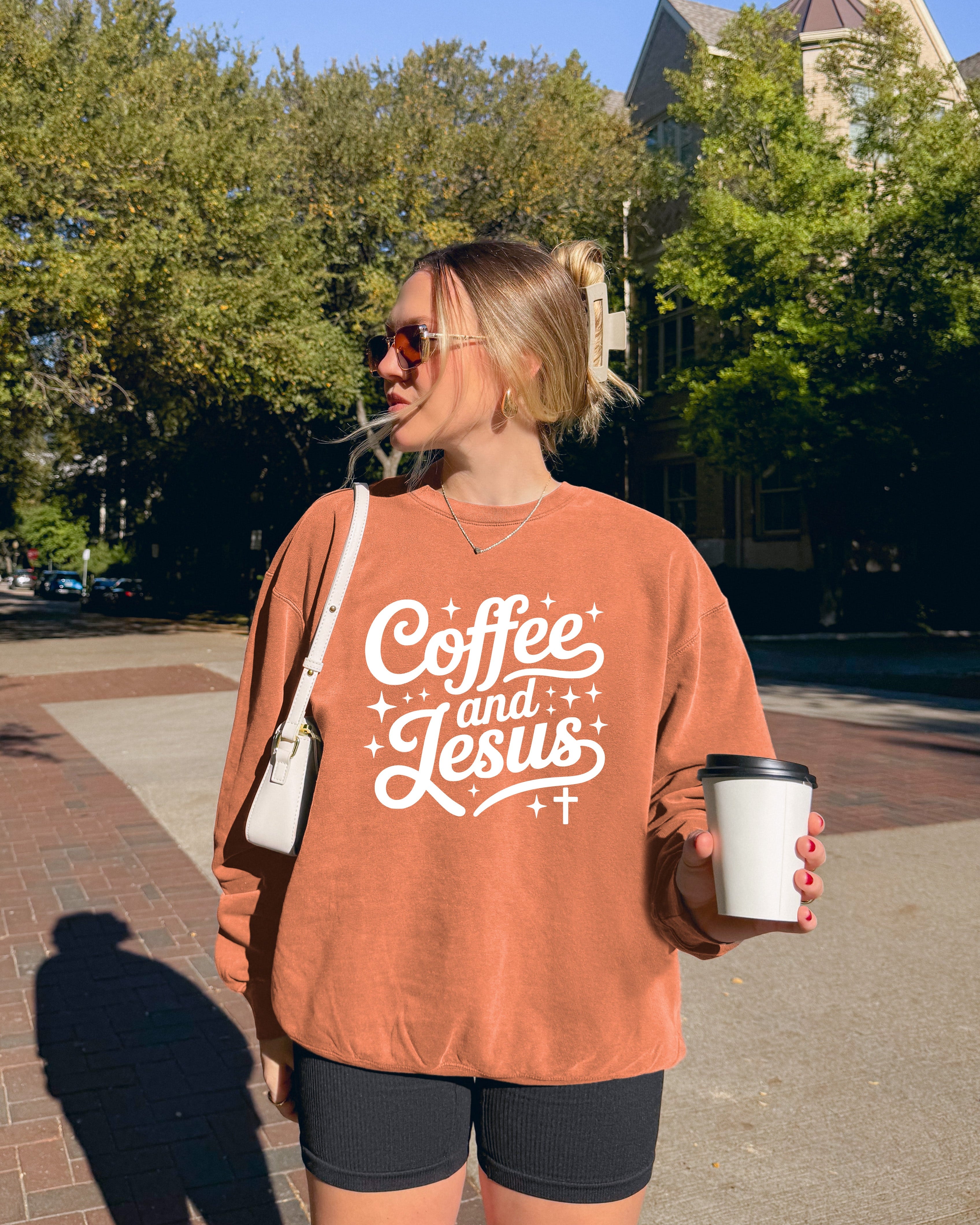 Coffee and Jesus Fall Autumn Garment Dyed Comfort Colors Sweatshirt (Groovy)