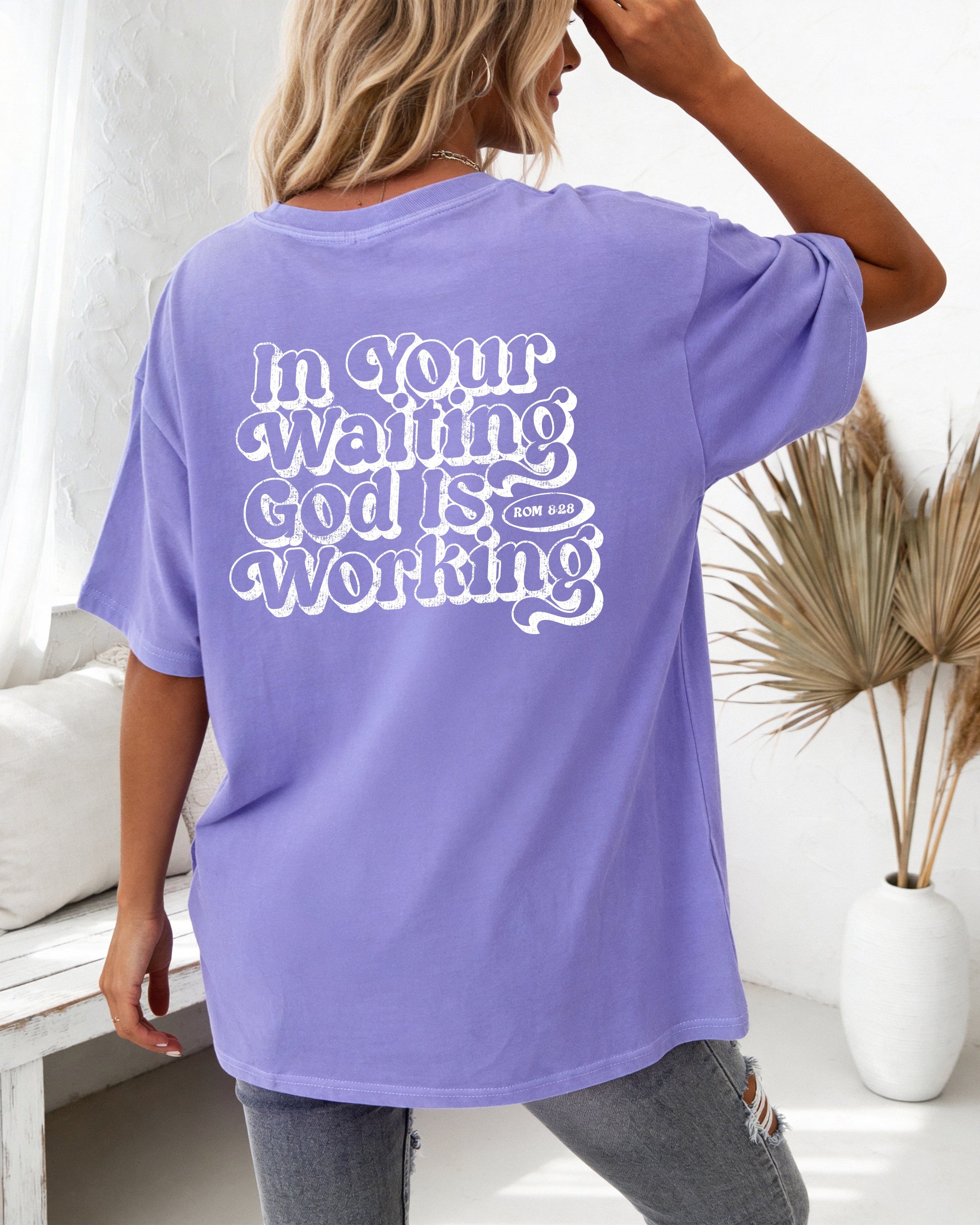 In the waiting God is working Comfort Colors T Shirt Religious Jesus Bible (Outlined Groovy)