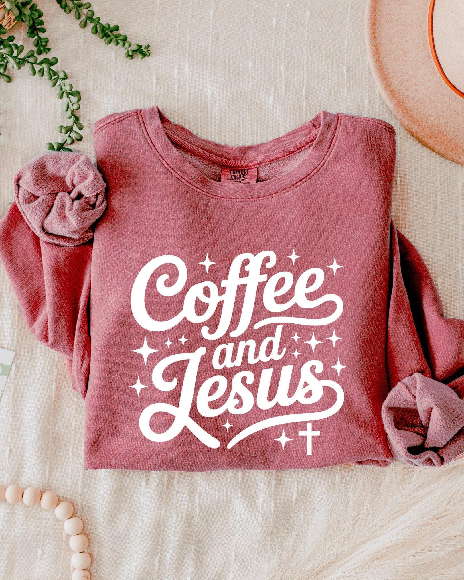 Coffee and Jesus Fall Autumn Garment Dyed Comfort Colors Sweatshirt (Groovy)