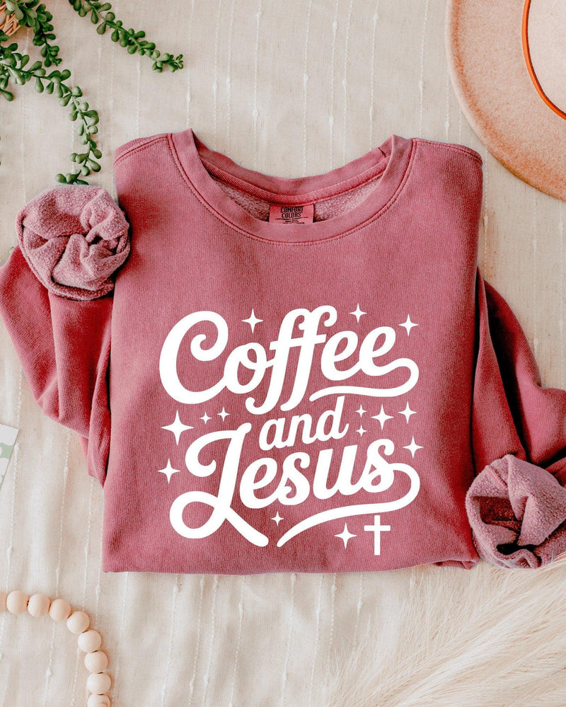 Coffee and Jesus Fall Autumn Garment Dyed Comfort Colors Sweatshirt (Groovy)