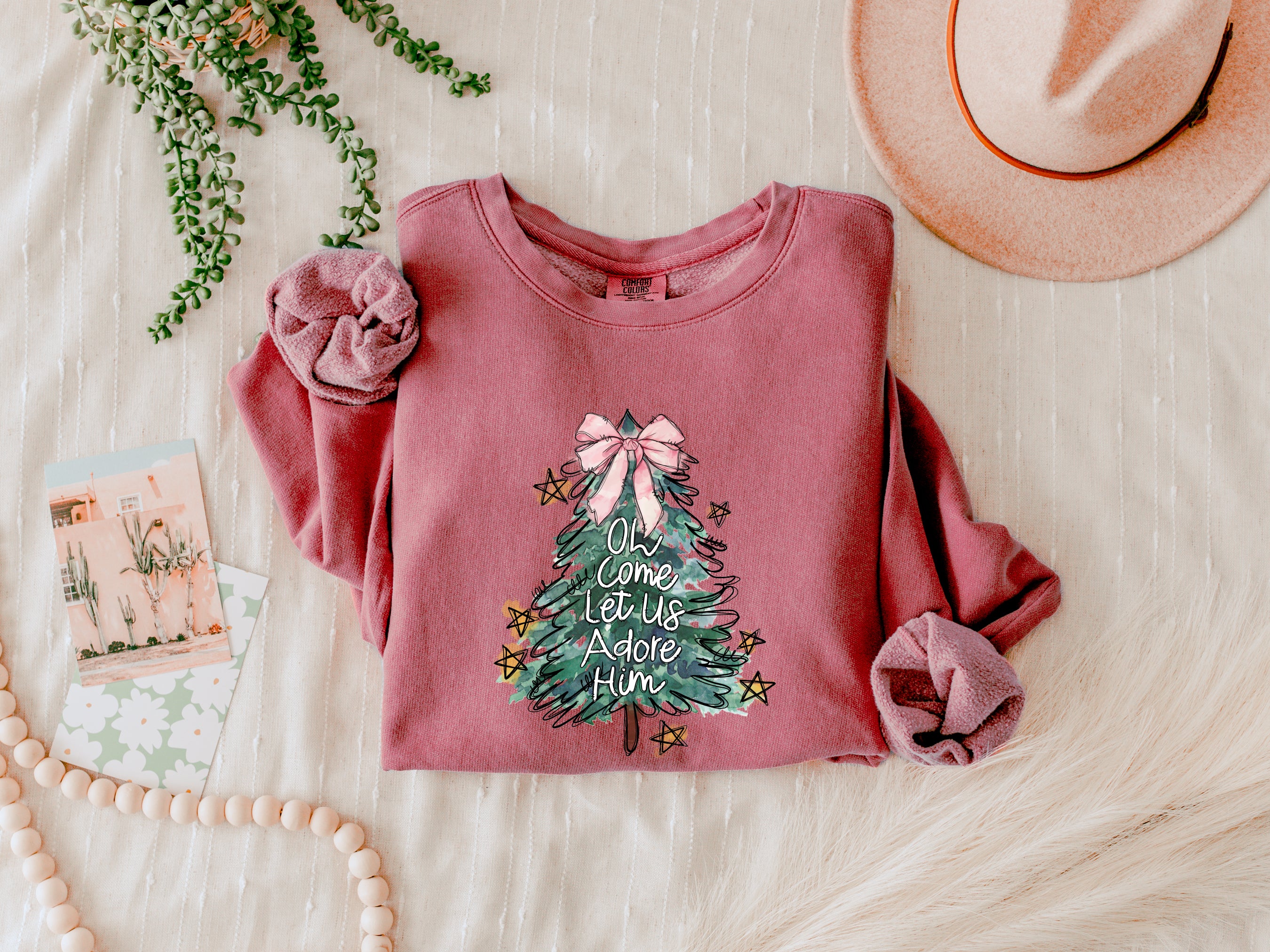 Merry Christmas Tree Christian O come let us adore him Winter Holiday Fall Autumn Inspirational Garment Dyed Comfort Colors Sweatshirt