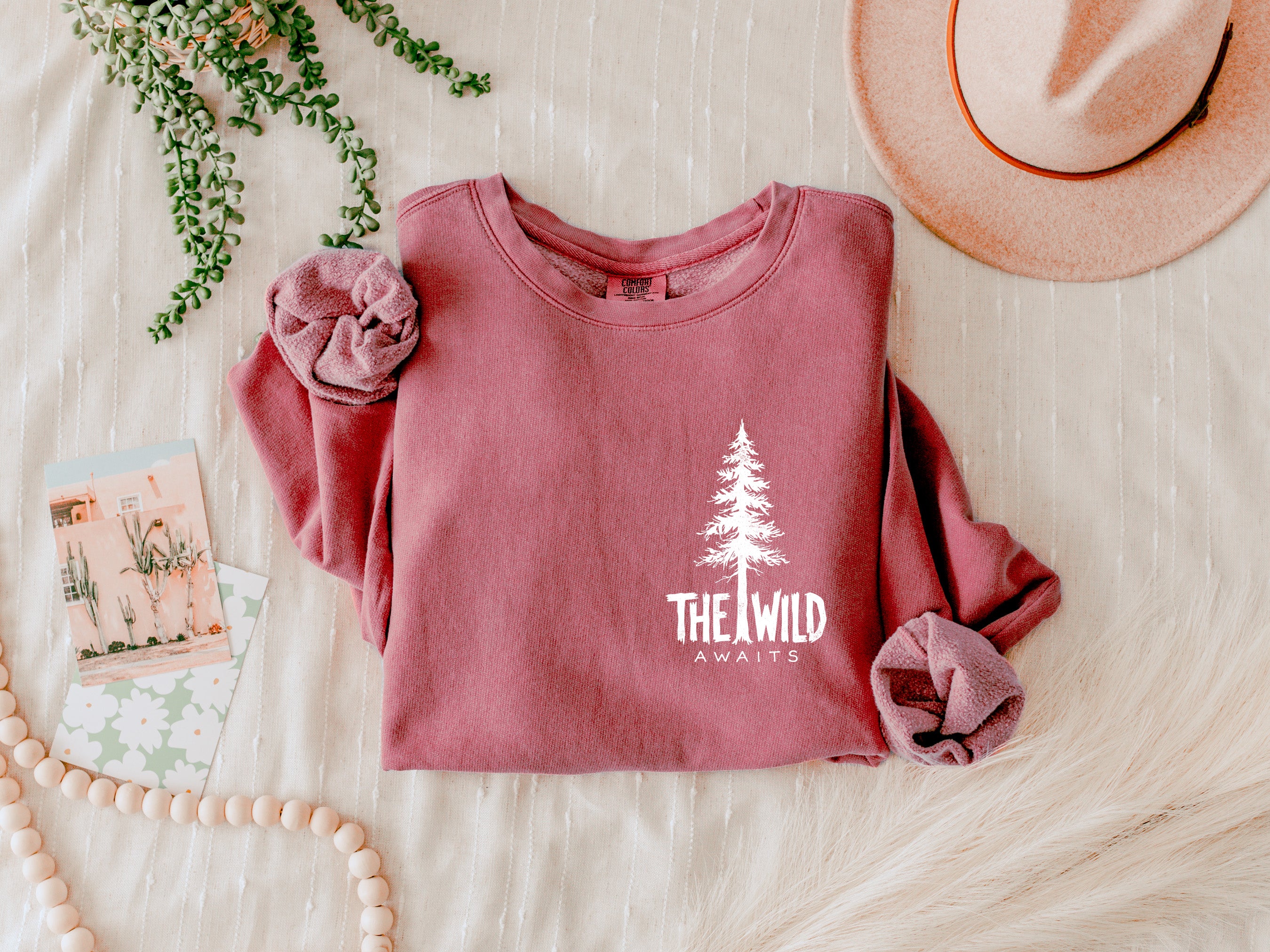 The Wild Awaits Mountain Nature Comfort Colors Garment-Dyed 100% Cotton Lightweight Sweatshirt – Camping & Hiking Outdoor Graphic