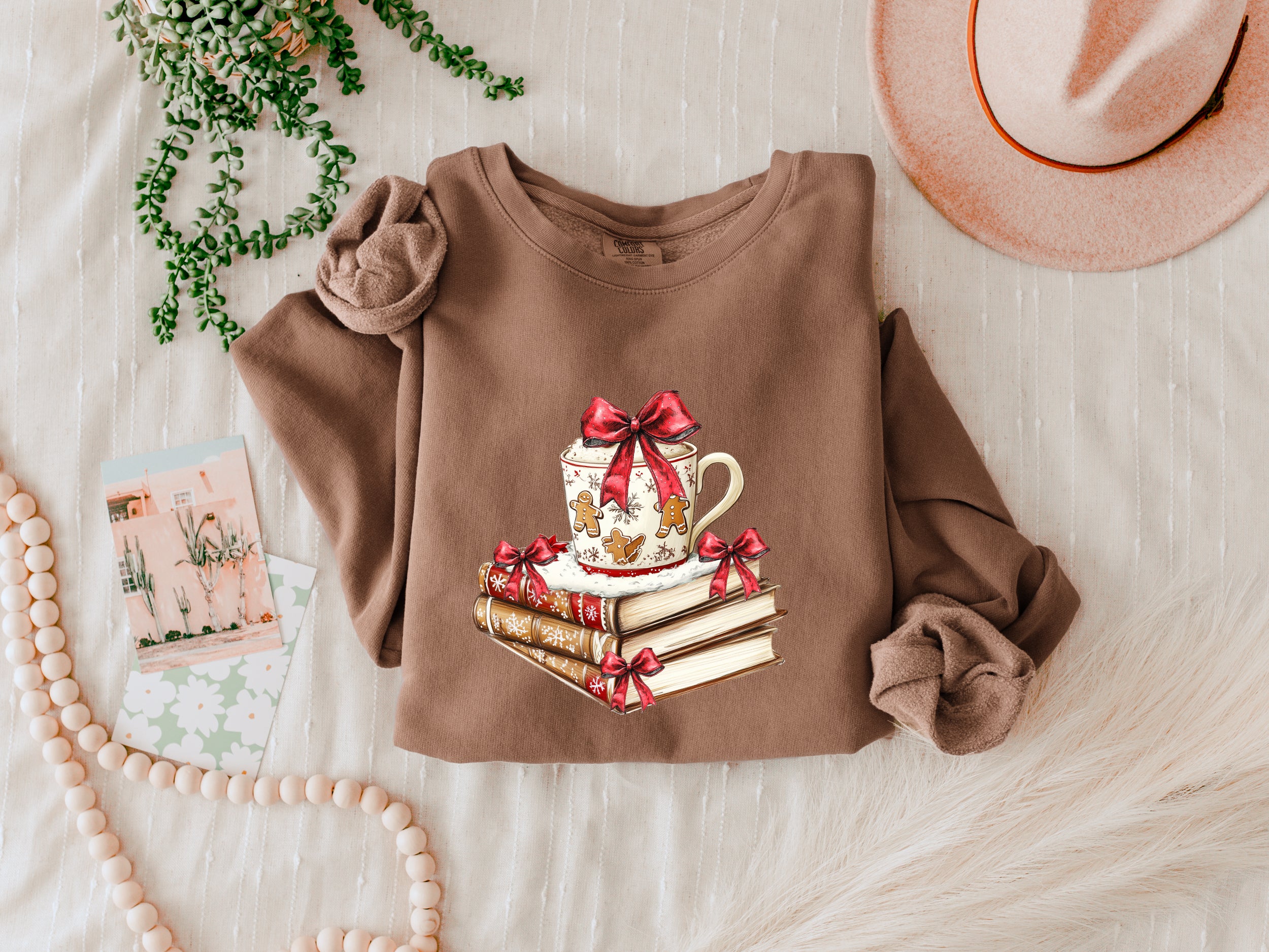 Merry Christmas Book Hot Chocolate Ginger Cookie Santa Holiday Winter Fall Inspirational Garment Dyed Comfort Colors Sweatshirt