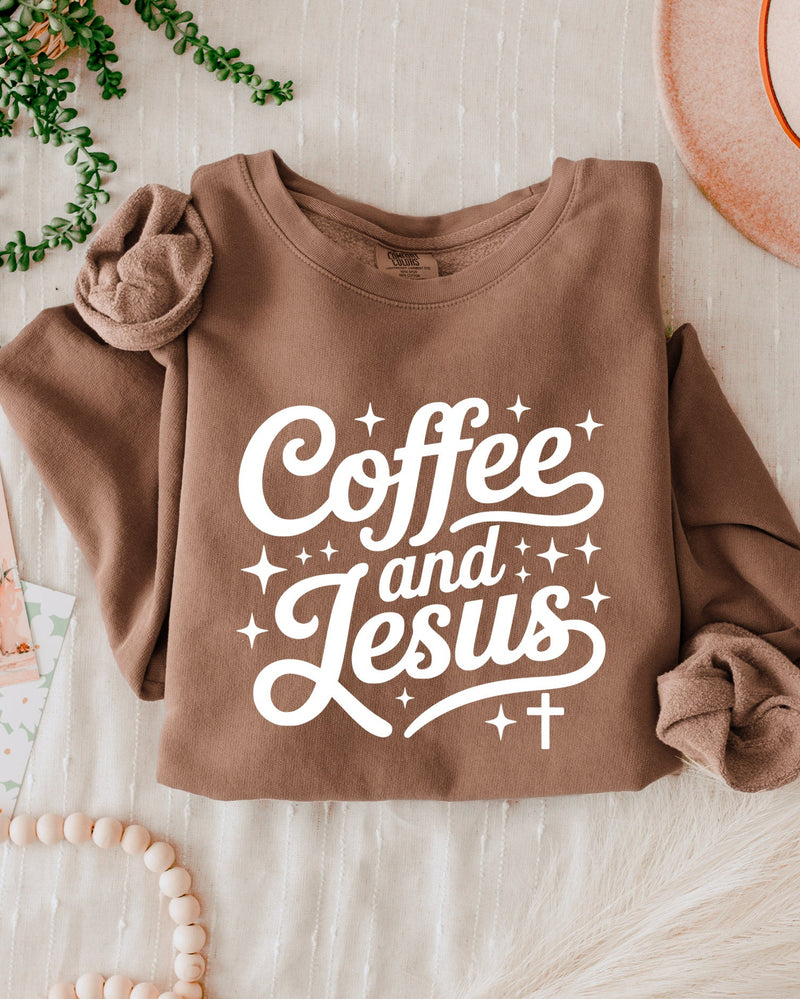 Coffee and Jesus Fall Autumn Garment Dyed Comfort Colors Sweatshirt (Groovy)