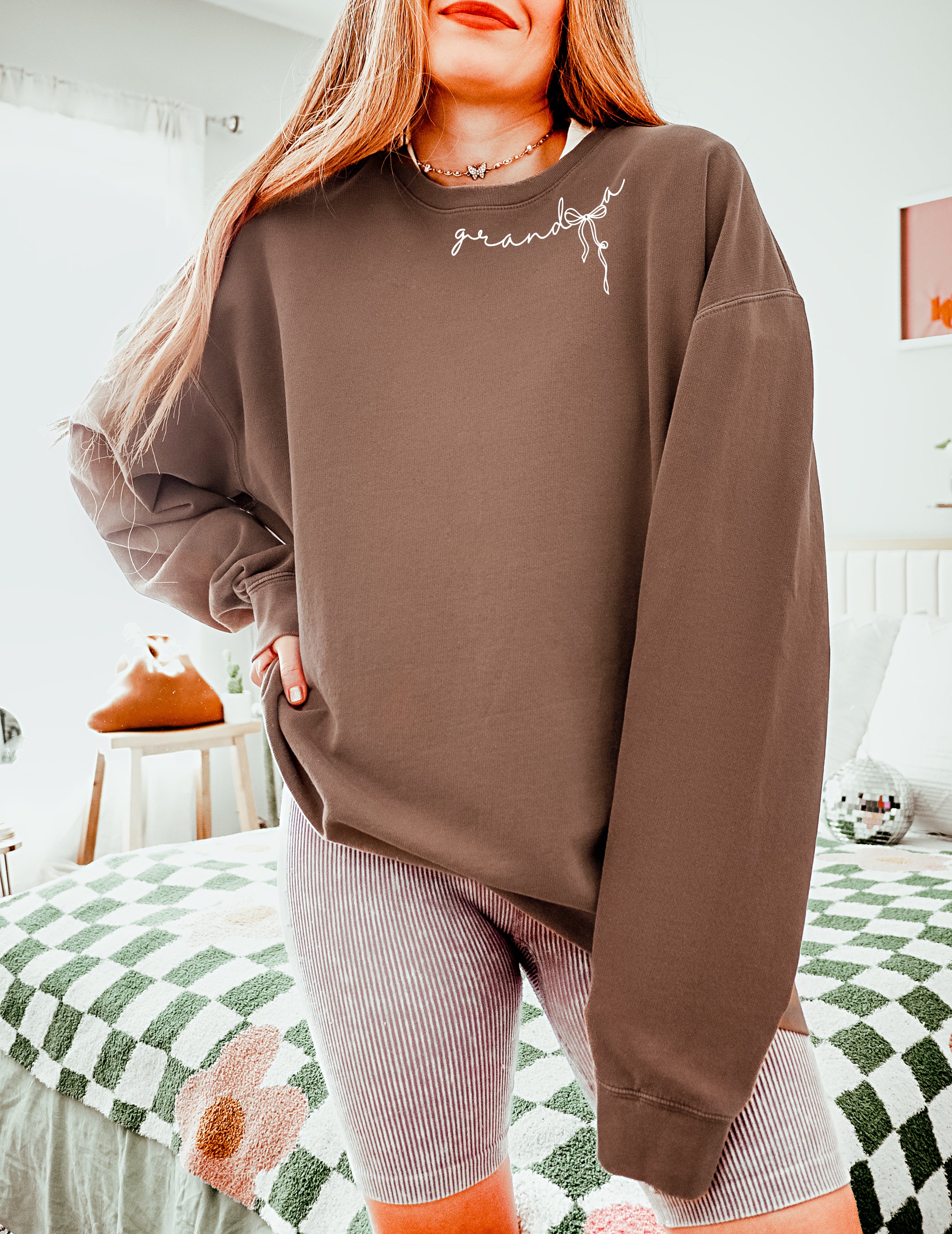 Grandma Ribbon Garment Dyed Comfort Colors Sweatshirt (neck around)