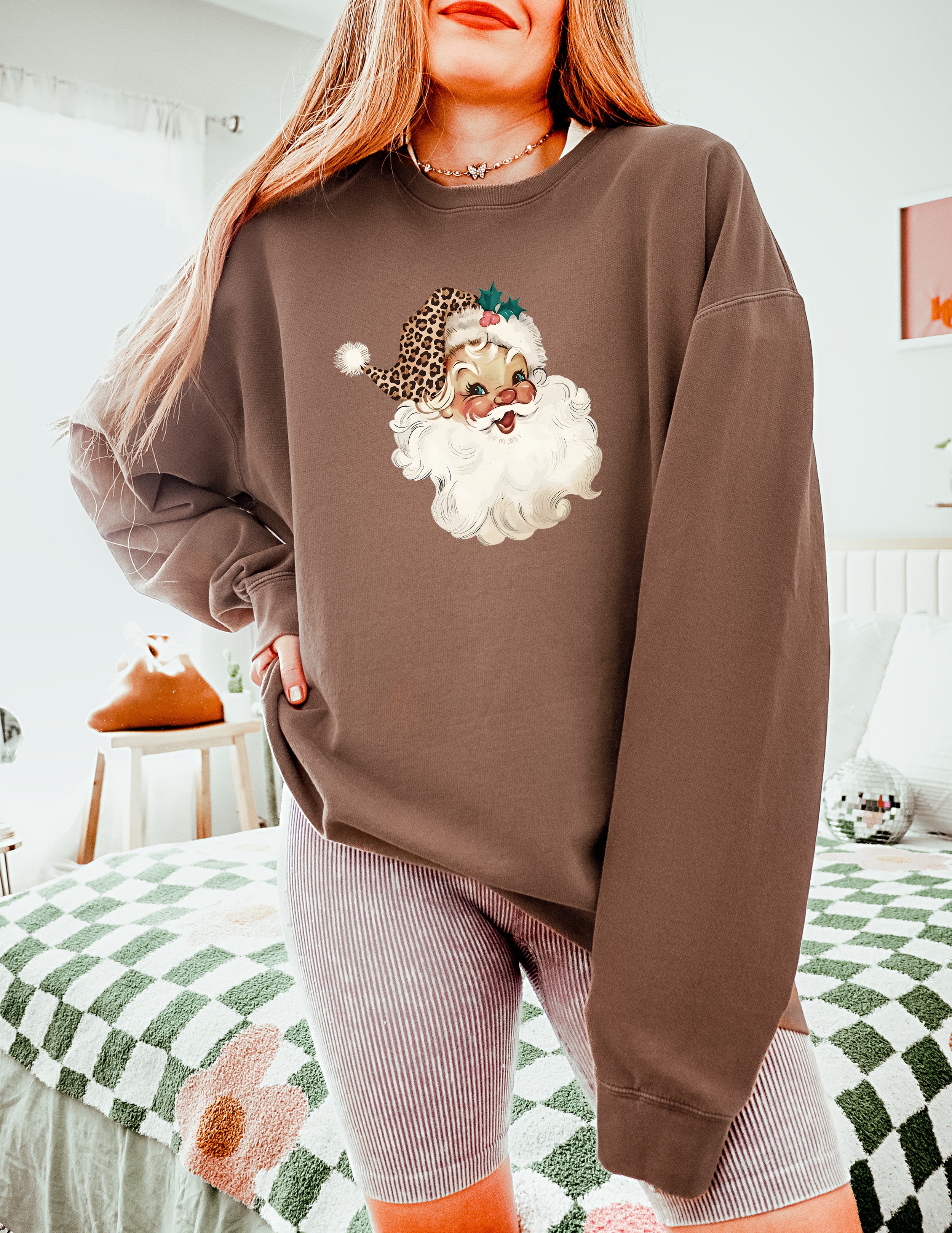 Leopard Santa Merry Christmas Holiday Winter Fall Inspirational Garment Dyed Comfort Colors Sweatshirt