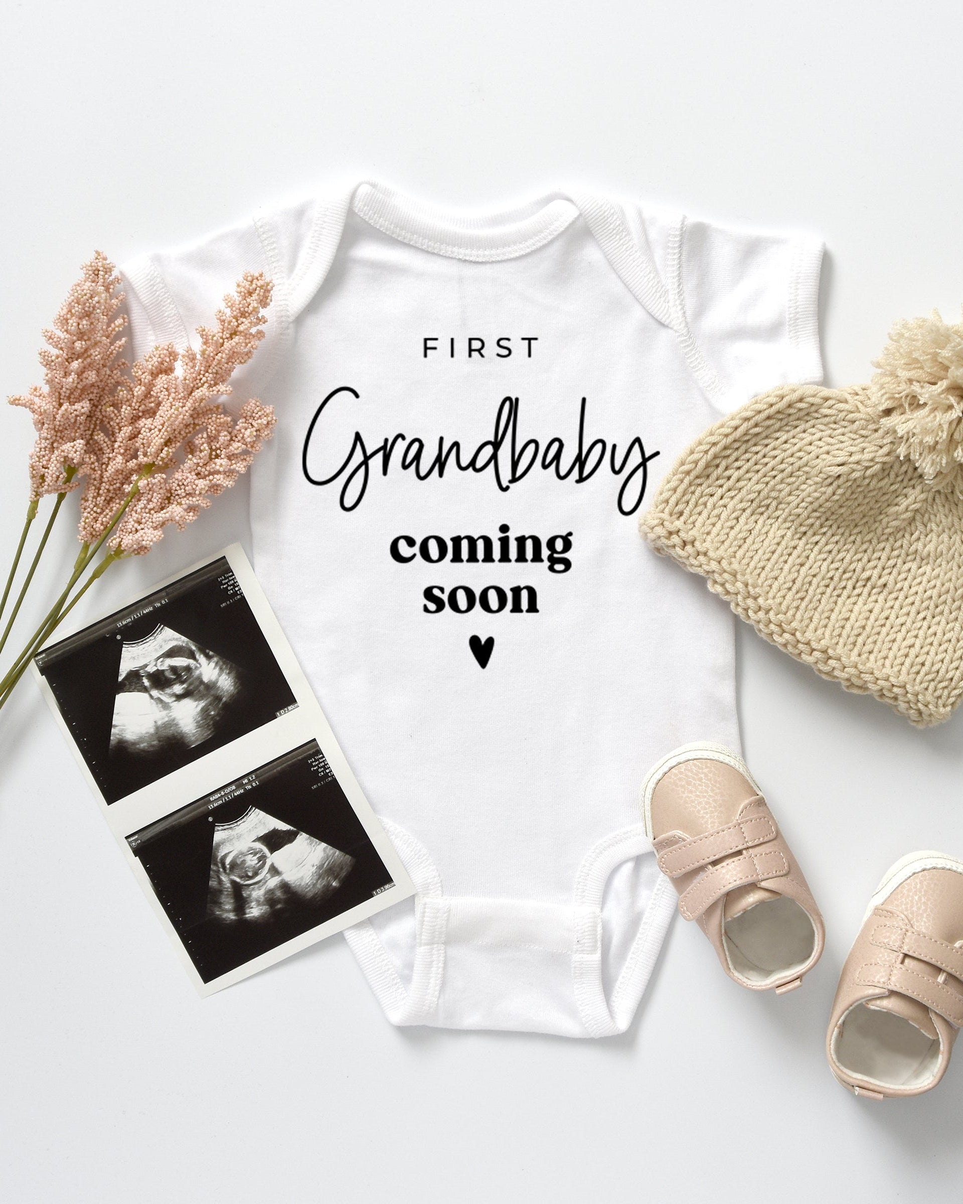 First Grandbaby Coming soon Bodysuit Onesie - Pregnancy Announcement (wandering flower font)
