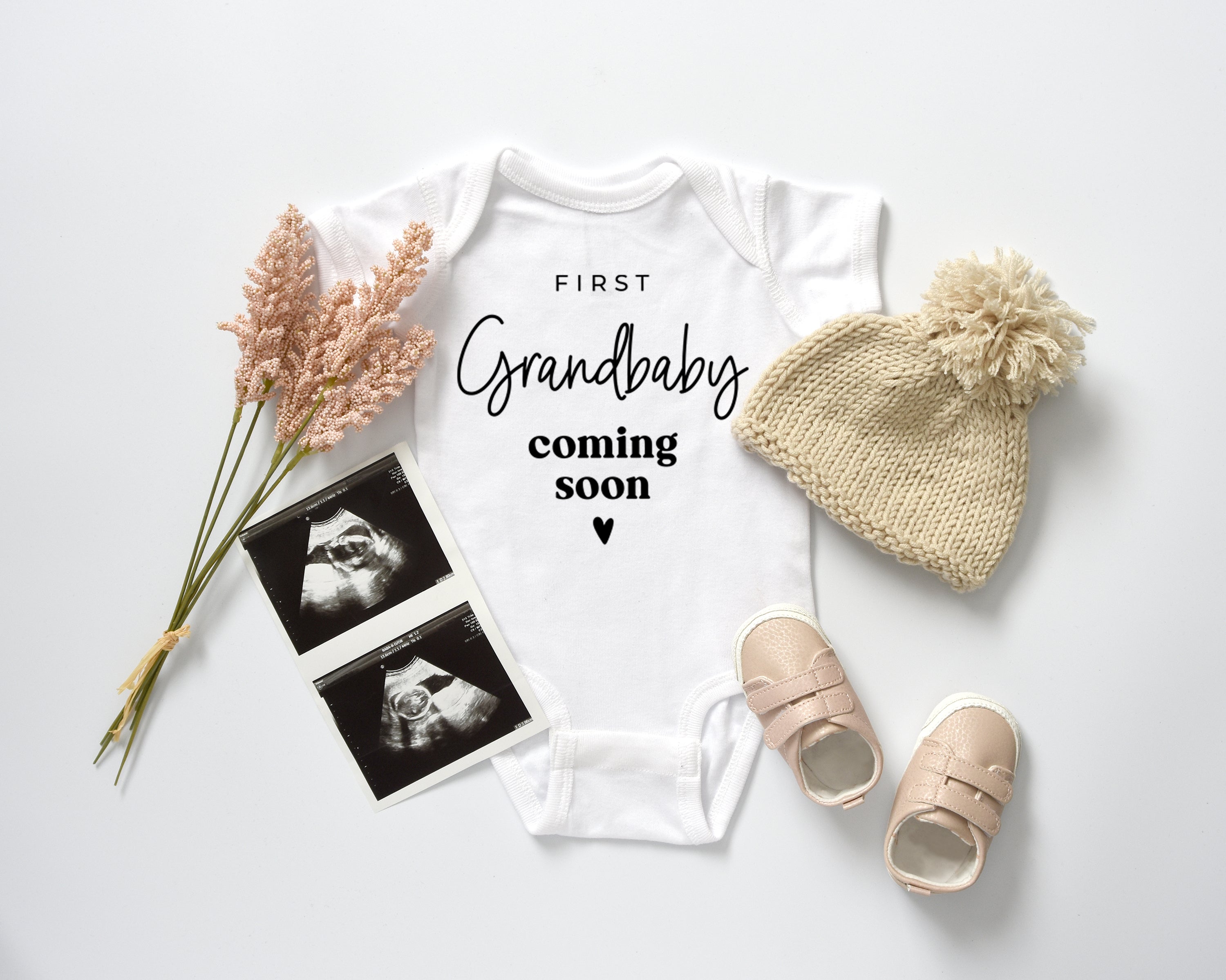 First Grandbaby Coming soon Bodysuit Onesie - Pregnancy Announcement (wandering flower font)