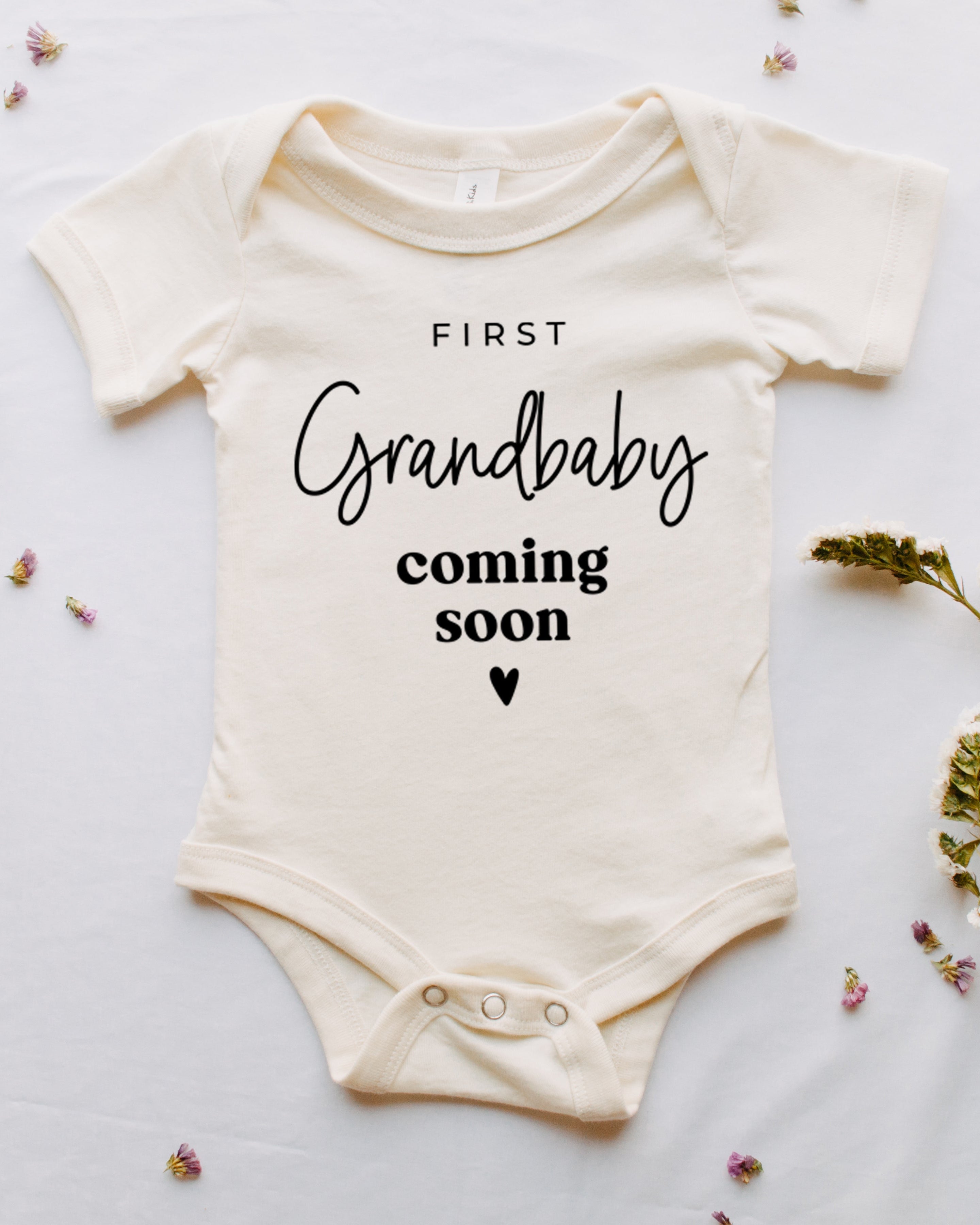 First Grandbaby Coming soon Bodysuit Onesie - Pregnancy Announcement (wandering flower font)