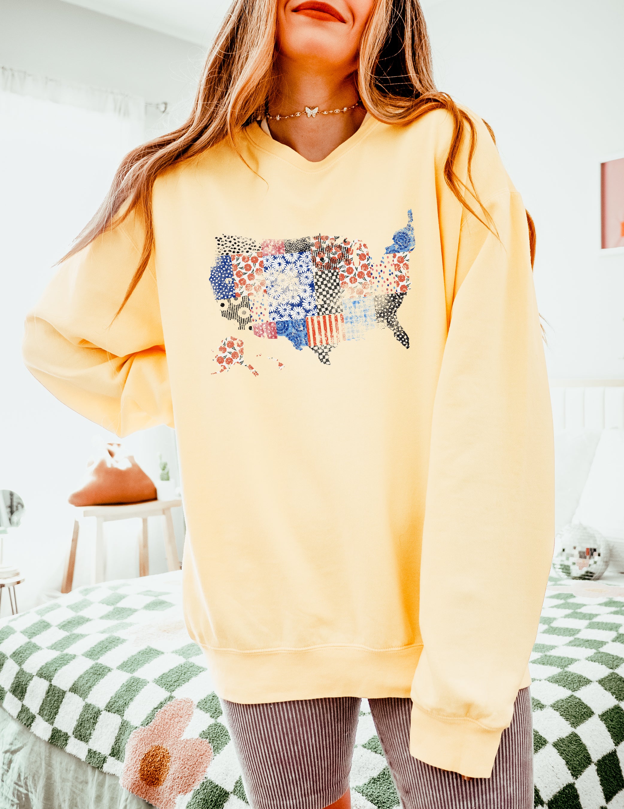Floral United States Flag Great America Garment Dyed Comfort Colors Sweatshirt