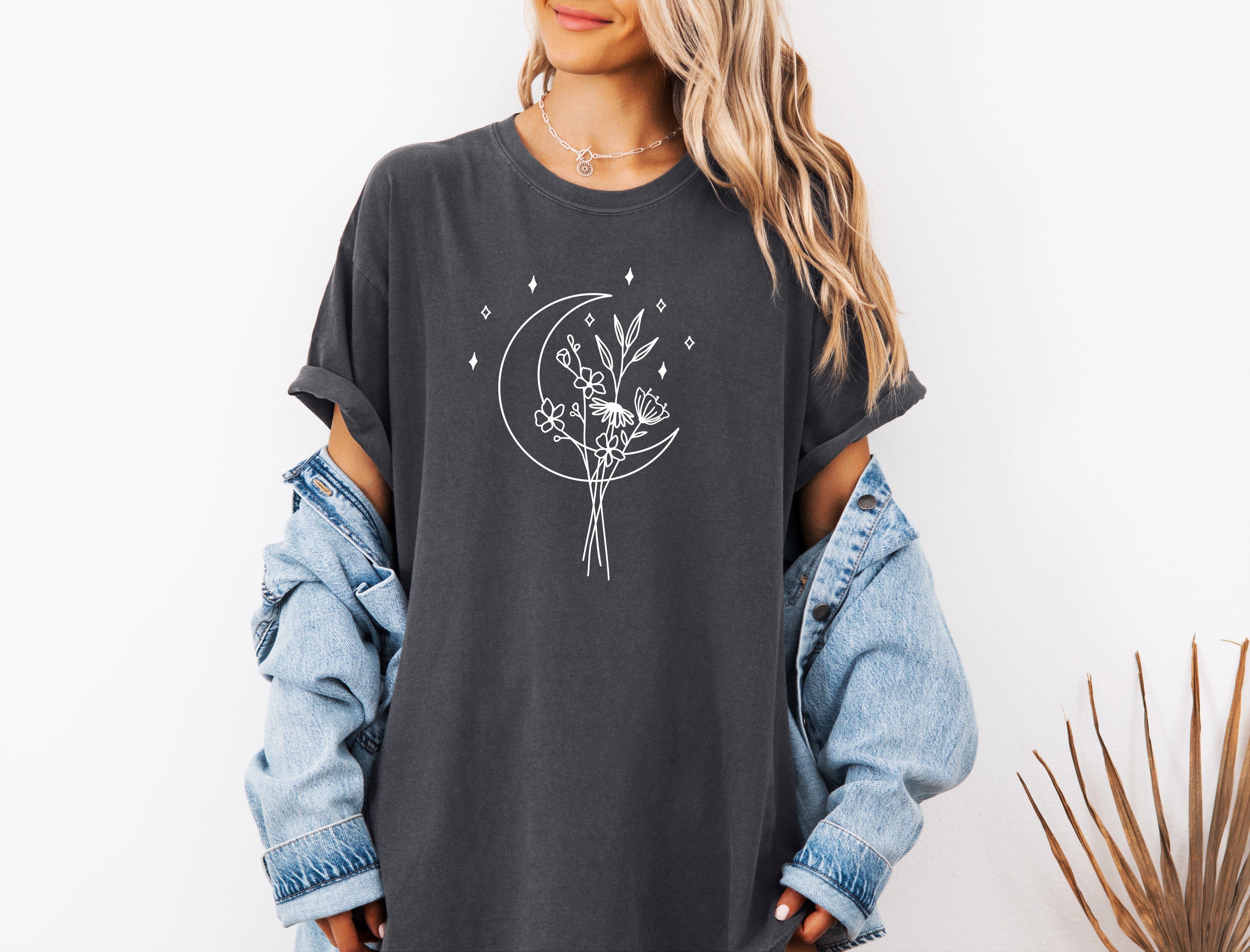 Flower and Moon Nature botanical Garment Dyed T Shirt