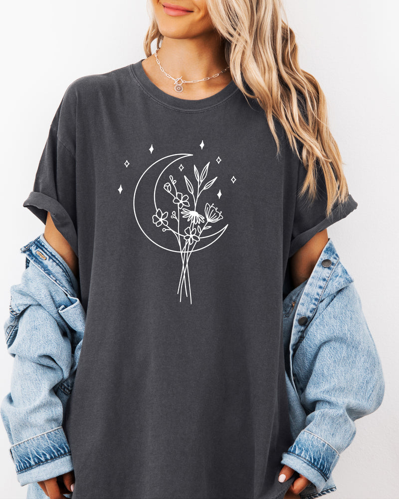 Flower and Moon Nature botanical Garment Dyed T Shirt