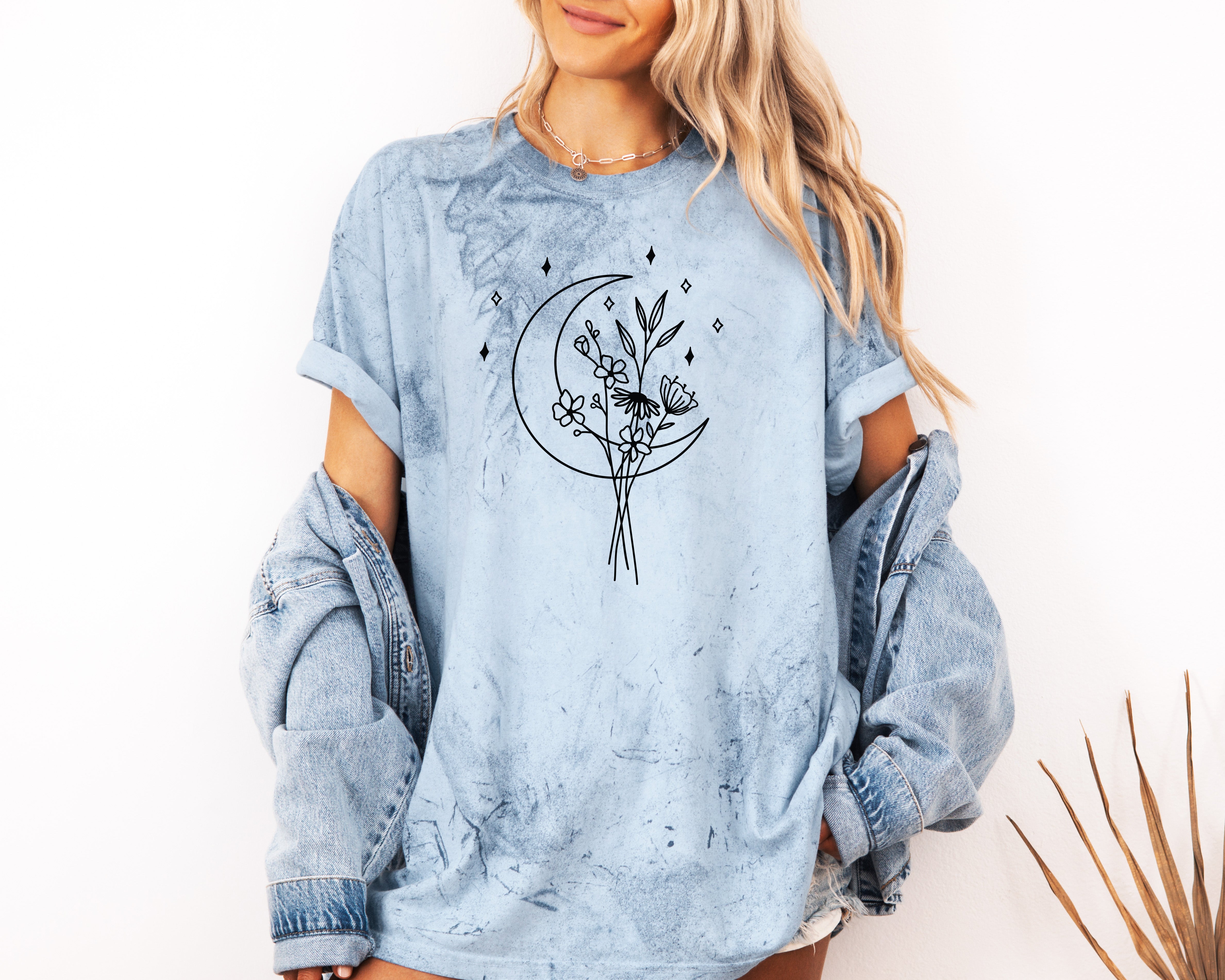 Flower and Moon Nature botanical Garment Dyed T Shirt