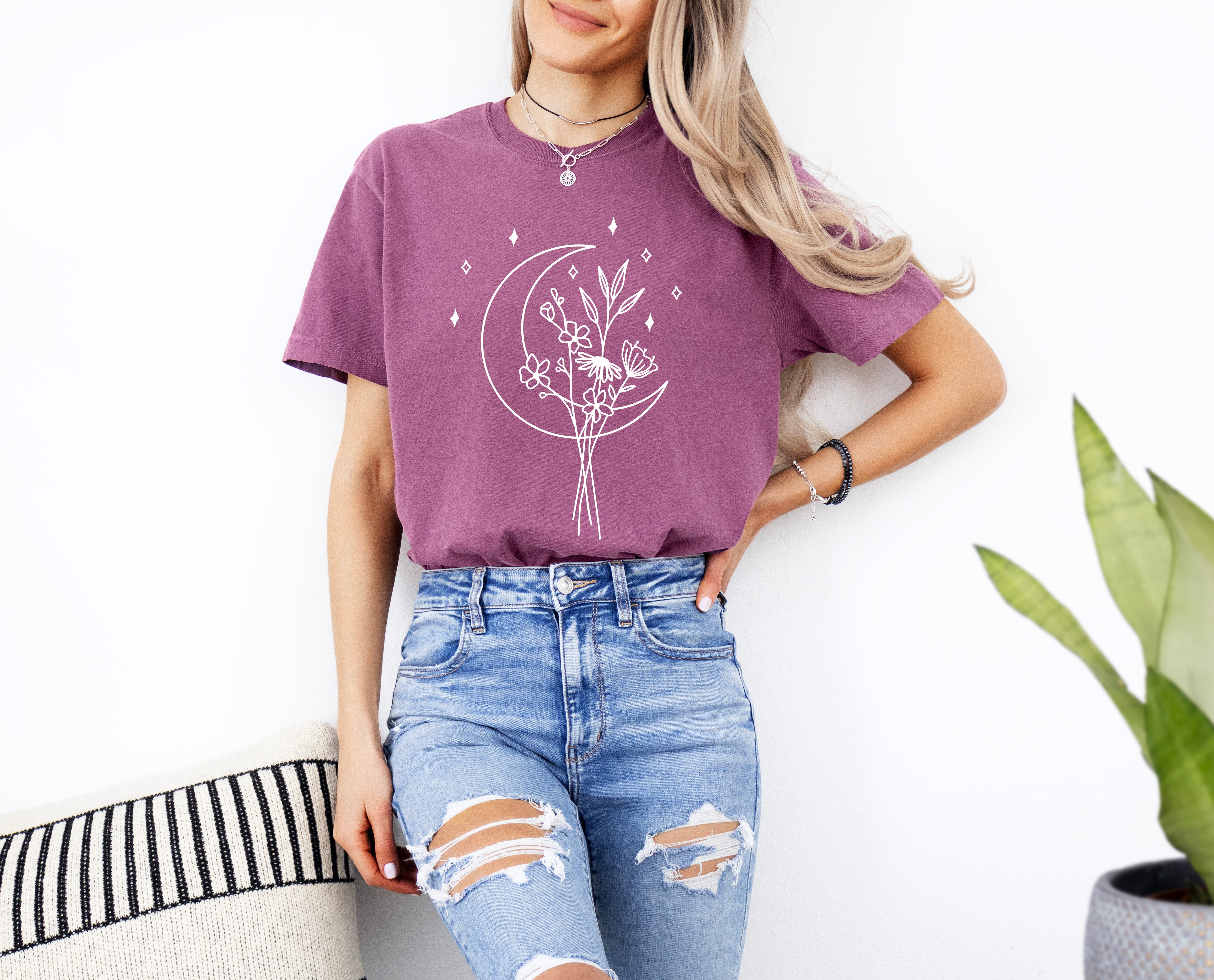 Flower and Moon Nature botanical Garment Dyed T Shirt
