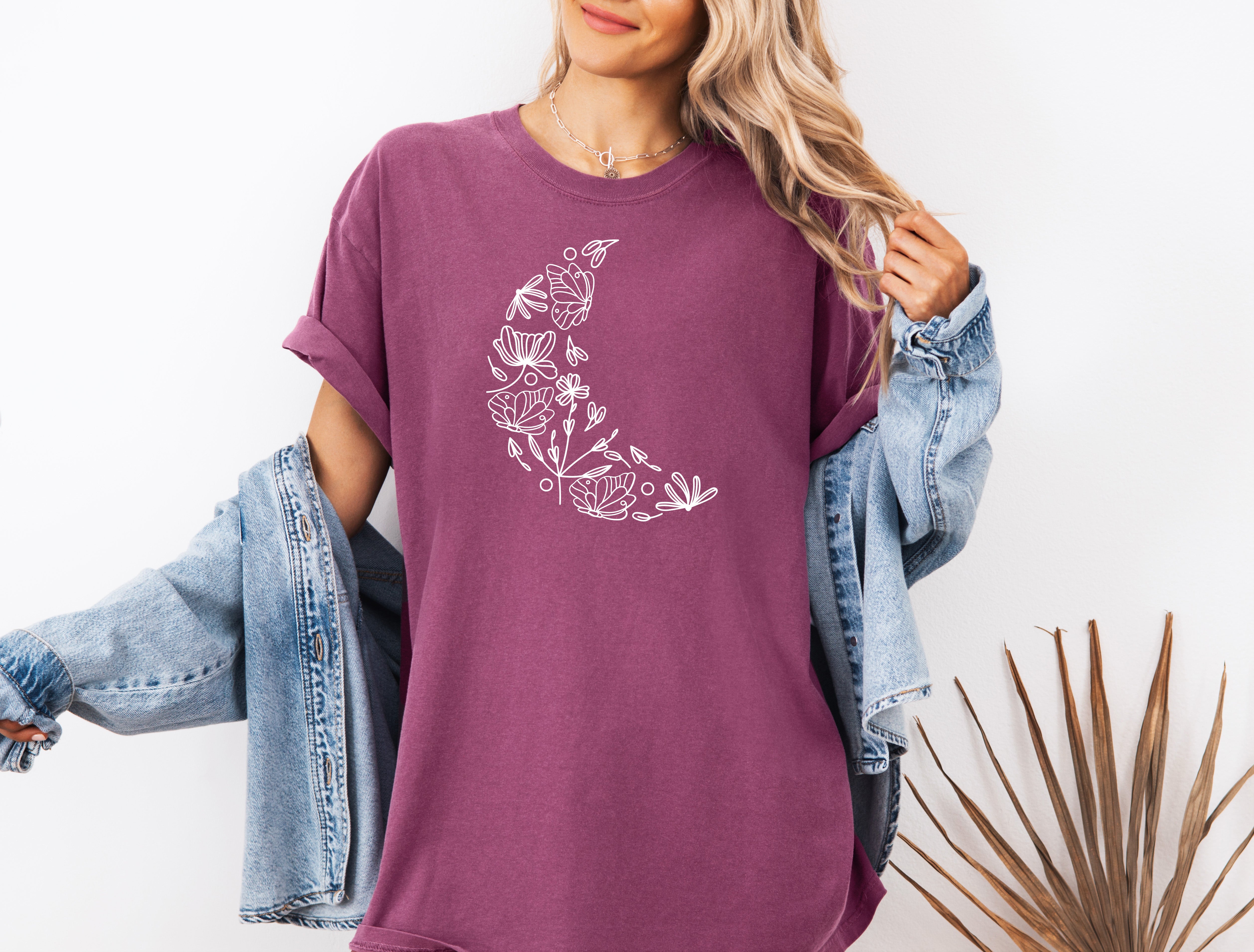 The Moon made of Flowers Nature botanical Garment Dyed T Shirt