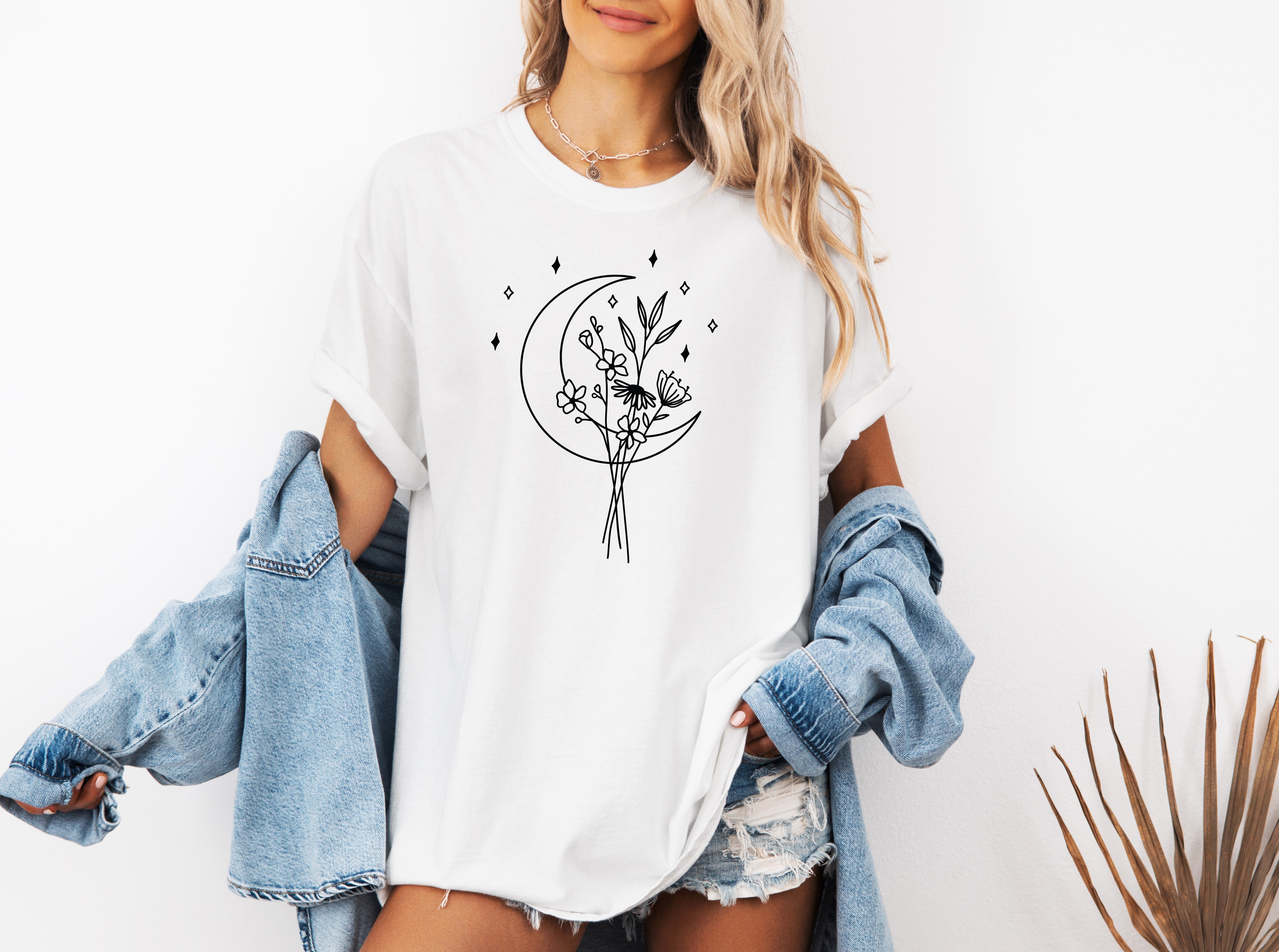 Flower and Moon Nature botanical Garment Dyed T Shirt